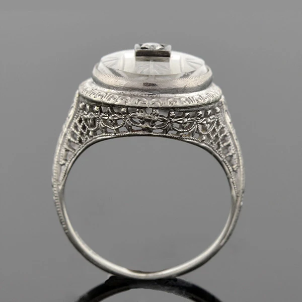 Art Deco 18kt Rock Quartz Crystal & Diamond Filigree Ring - Image 4
