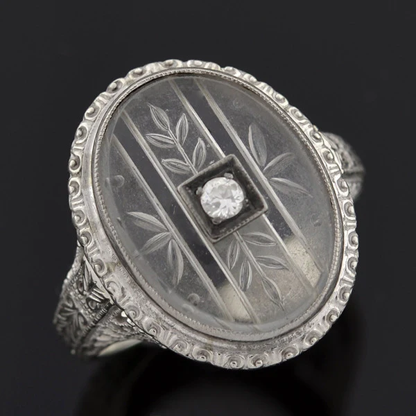 Art Deco 18kt Rock Quartz Crystal & Diamond Filigree Ring - Image 6