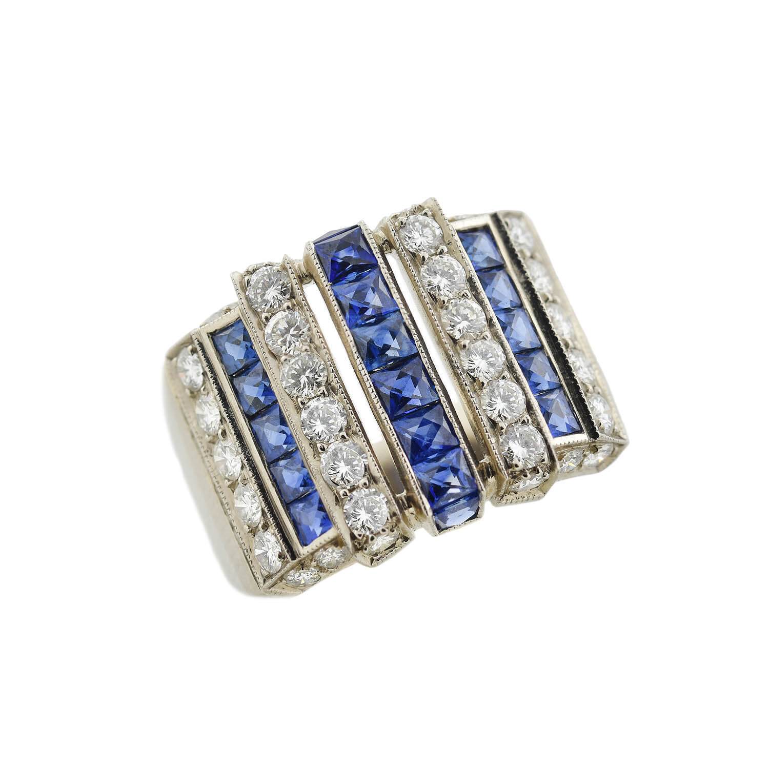 Art Deco 18kt Diamond + Sapphire Row Ring - Image 4