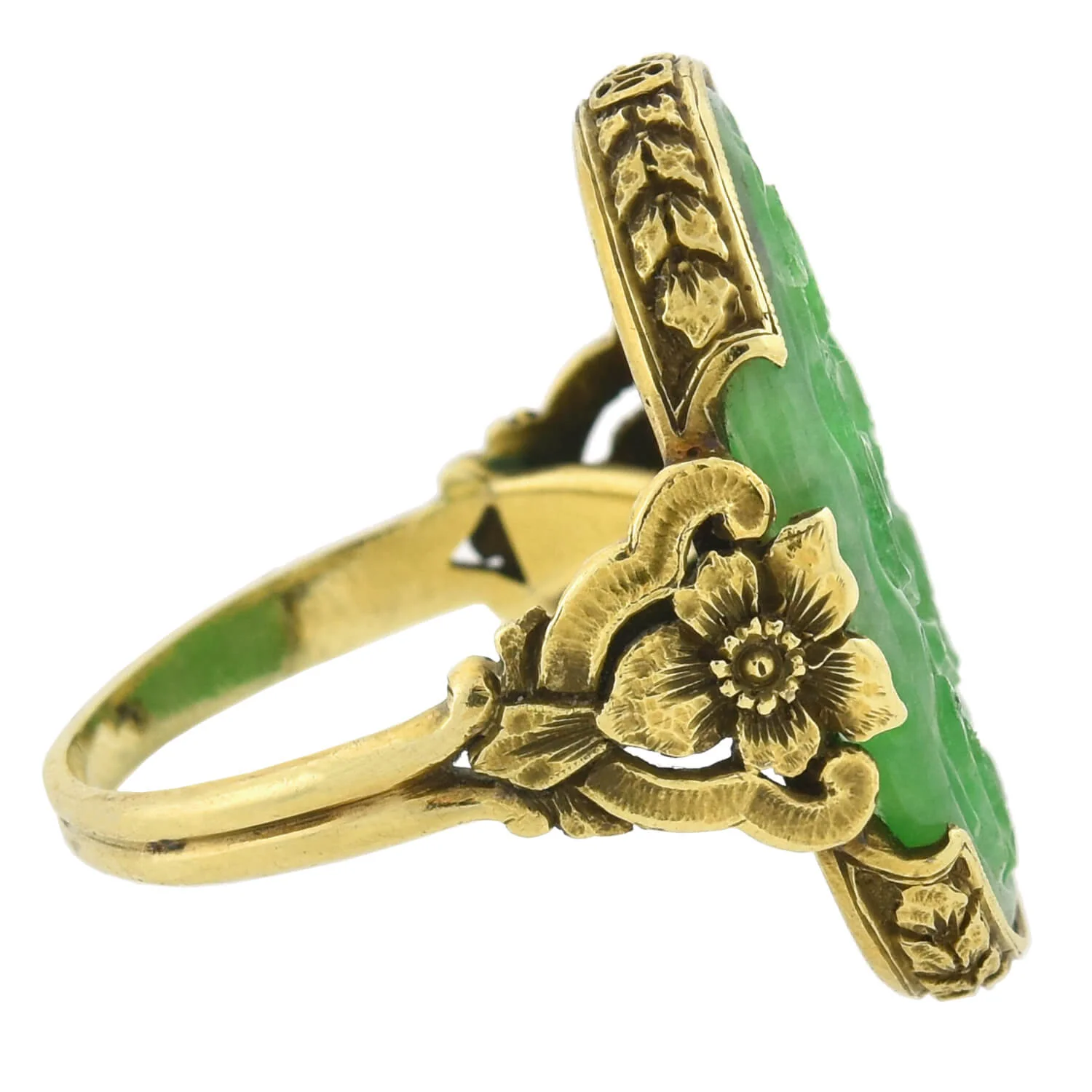 Art Deco 18kt Hand Carved Natural Jadeite Floral Ring - Image 2