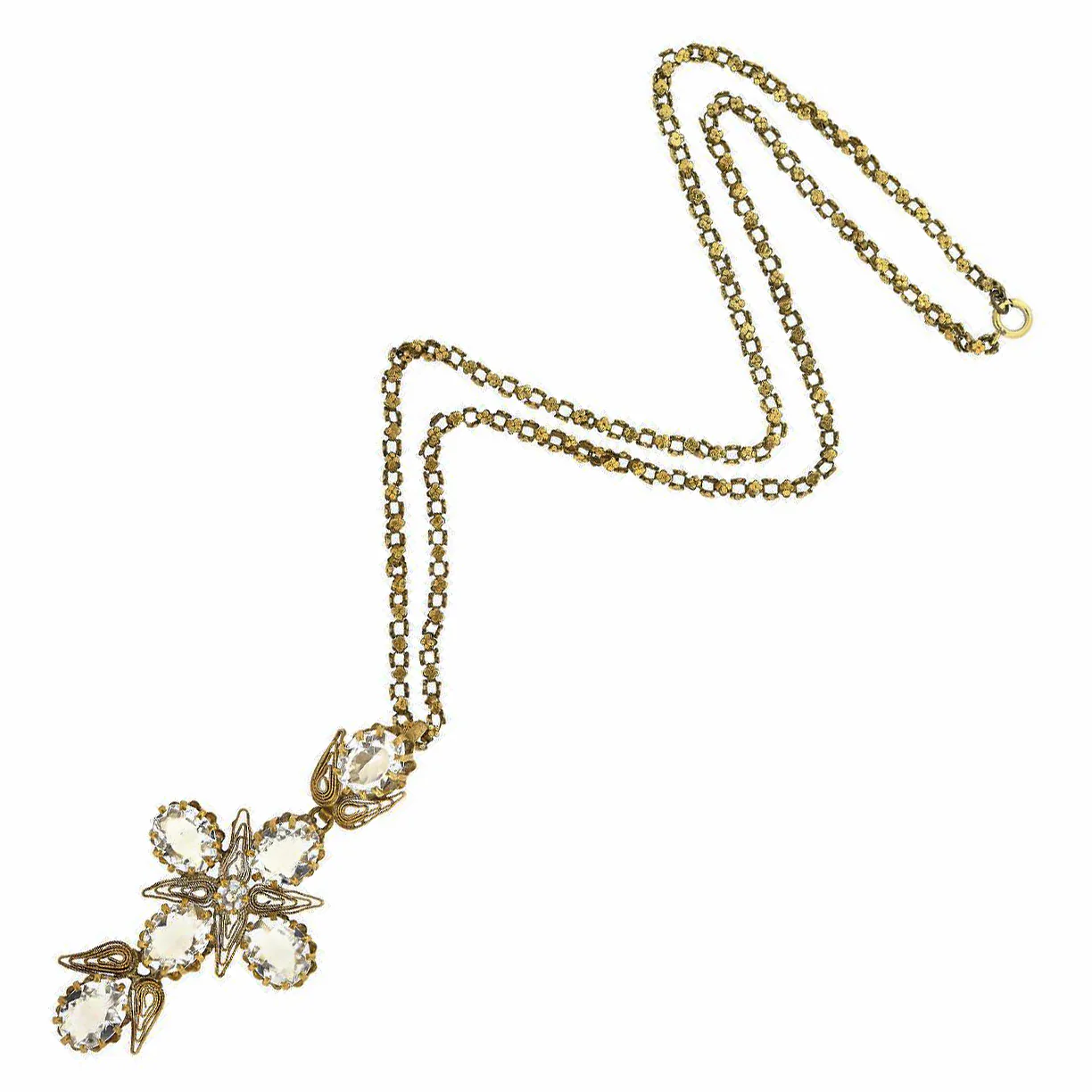Art Deco Brass + Glass Large Cross Pendant Necklace - Image 2