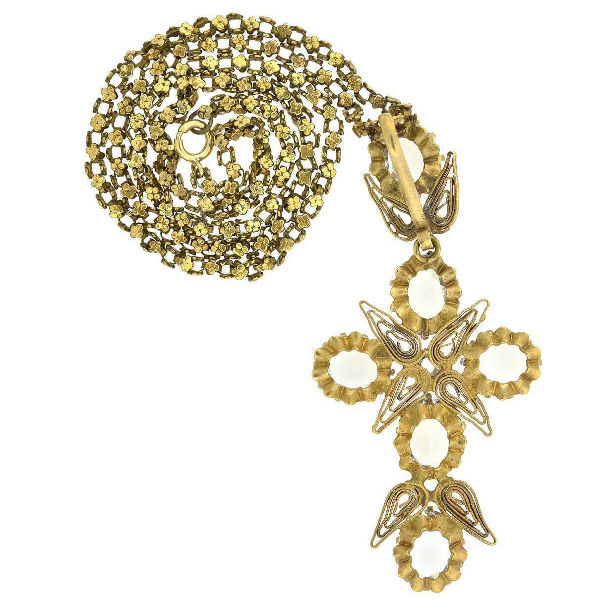 Art Deco Brass + Glass Large Cross Pendant Necklace - Image 4