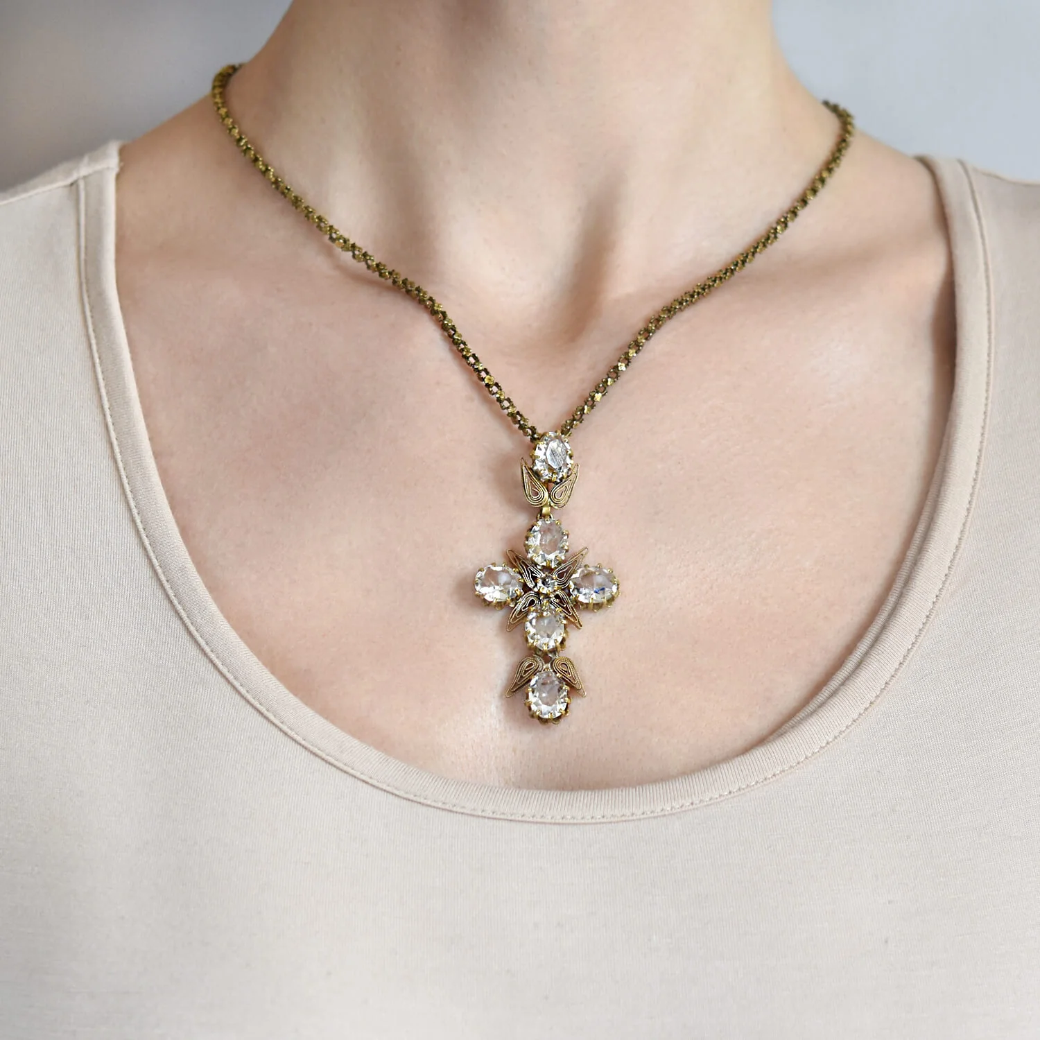 Art Deco Brass + Glass Large Cross Pendant Necklace - Image 6