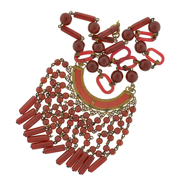 Art Deco Czechoslovakian Brass & Faux Carnelian Glass Necklace - Image 6