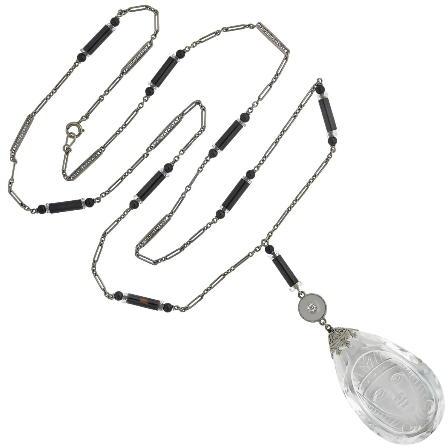 Art Deco Egyptian Revival Rock Crystal, Onyx + Diamond Necklace and Earring Set - Image 2
