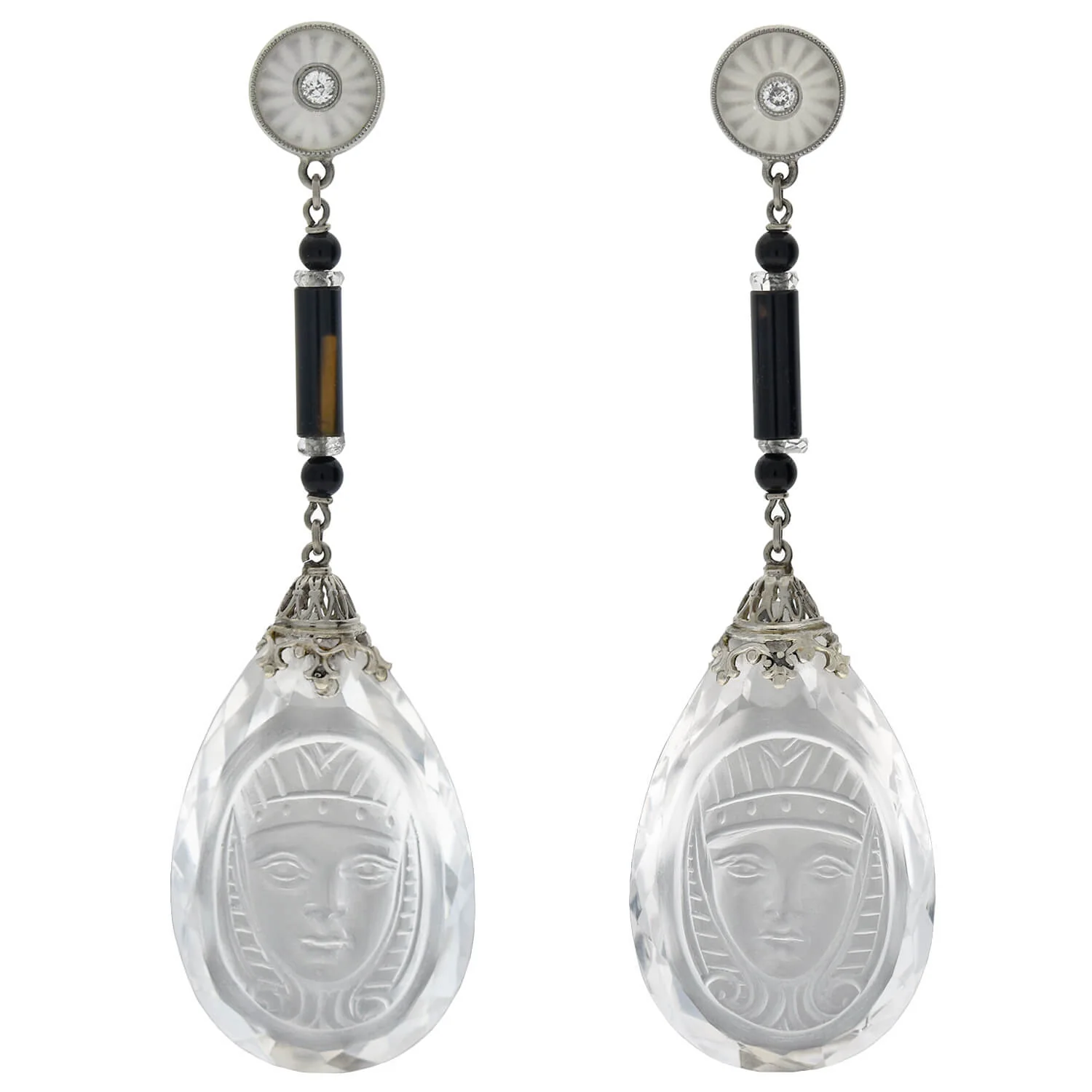 Art Deco Egyptian Revival Rock Crystal, Onyx + Diamond Necklace and Earring Set - Image 3
