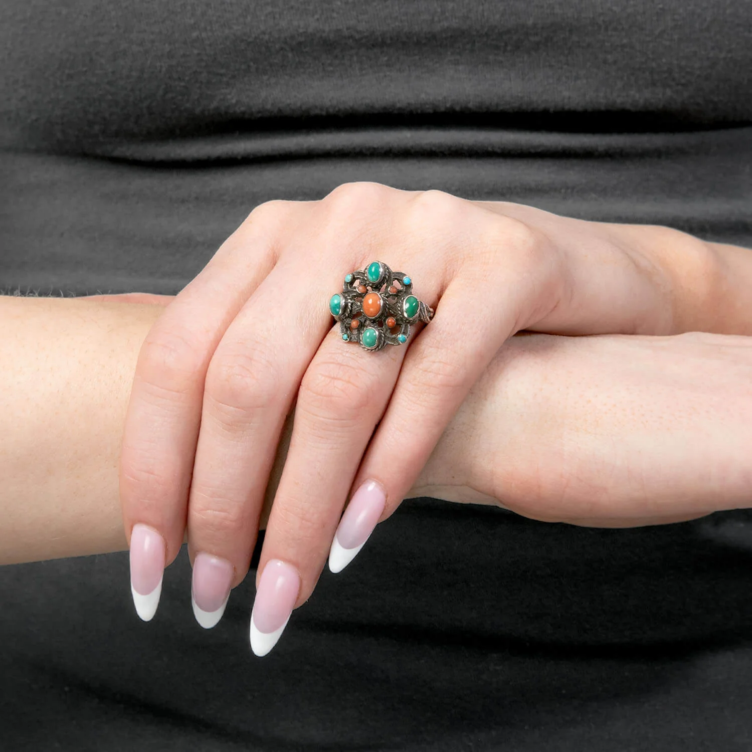 Art Deco English Sterling Silver Coral & Turquoise Ring - Image 6