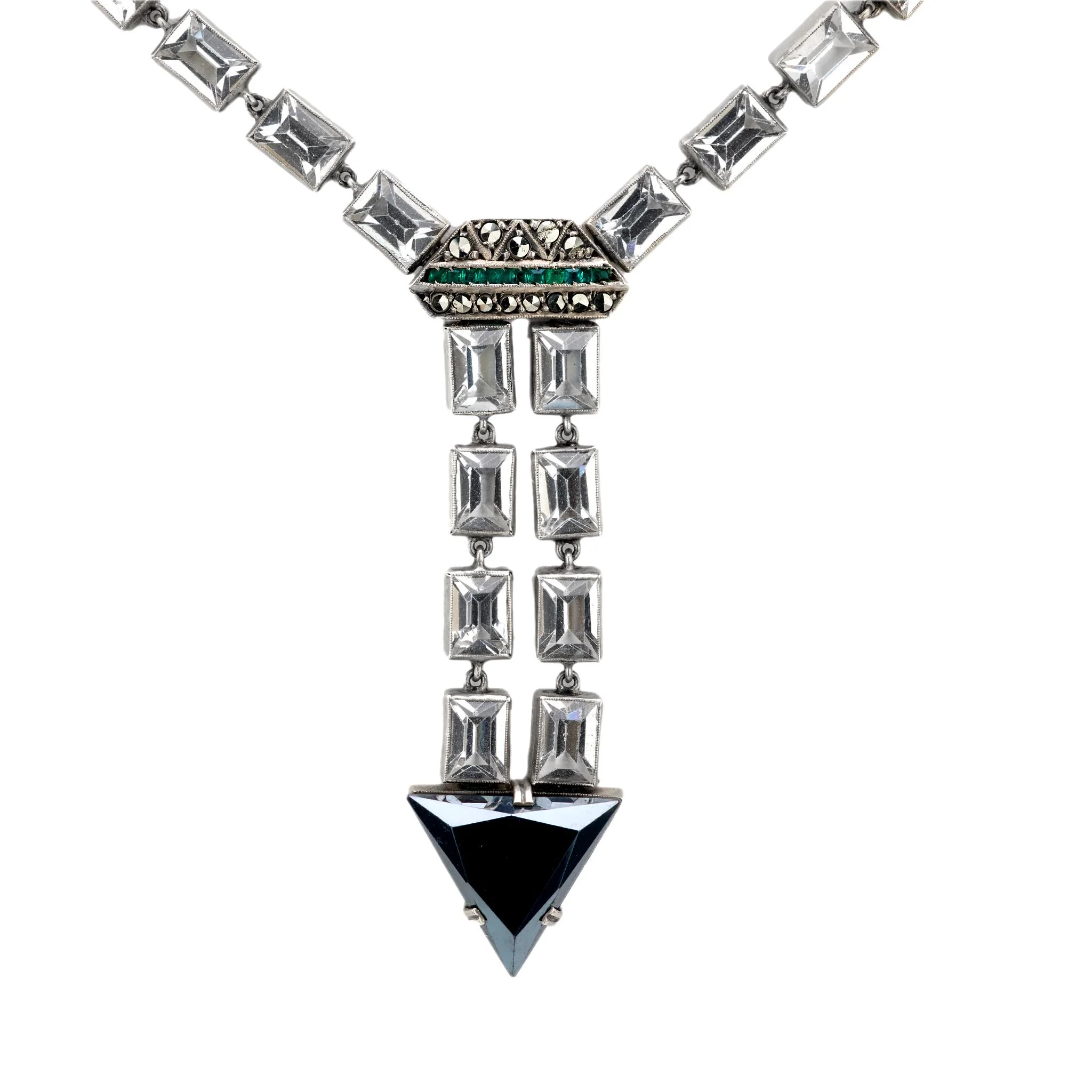 Art Deco German Sterling Silver Crystal and Marcasite Arrow Motif Necklace