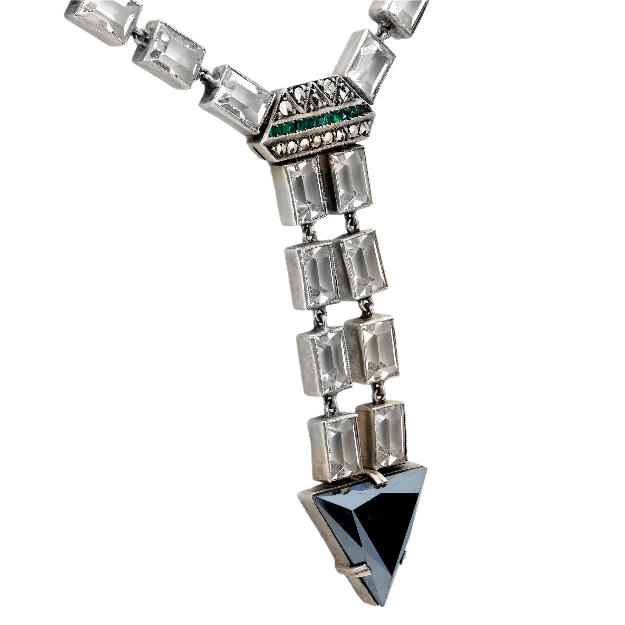 Art Deco German Sterling Silver Crystal and Marcasite Arrow Motif Necklace - Image 2