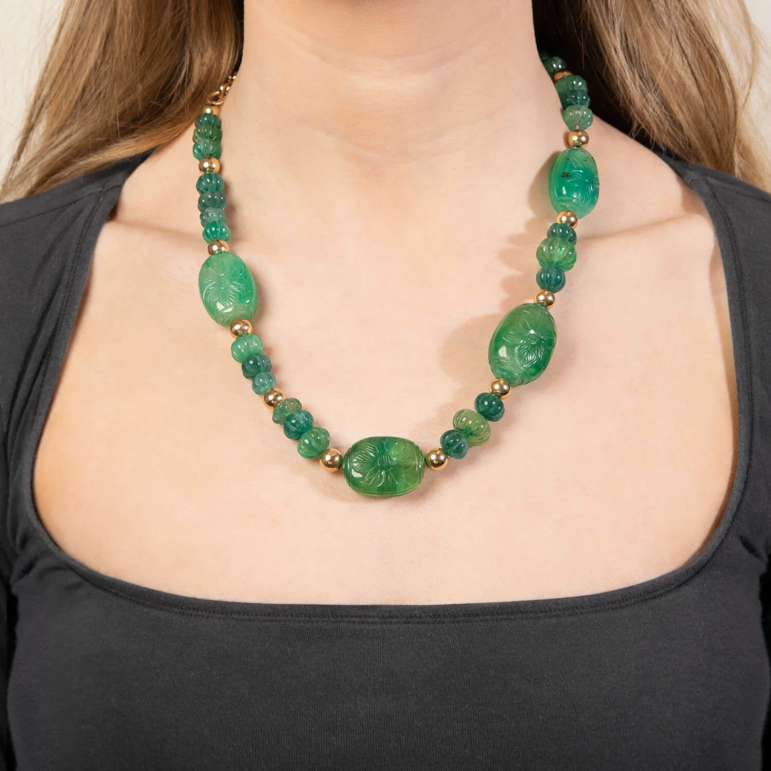 Art Deco Gold-Filled & Carved Jadeite Bead Necklace - Image 5