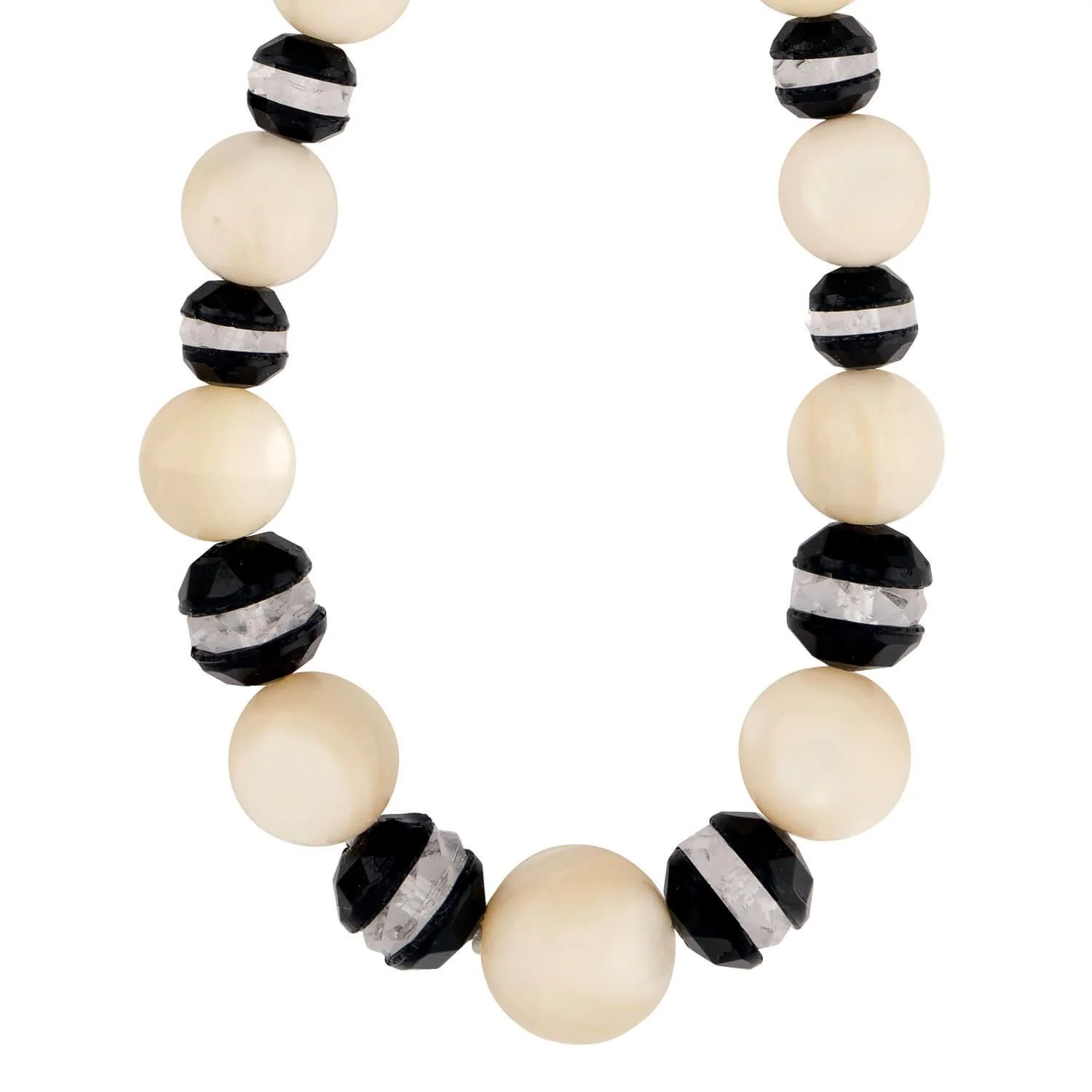 Art Deco Mother of. Pearl, Onyx, & Rock Quartz Crystal Bead Necklace