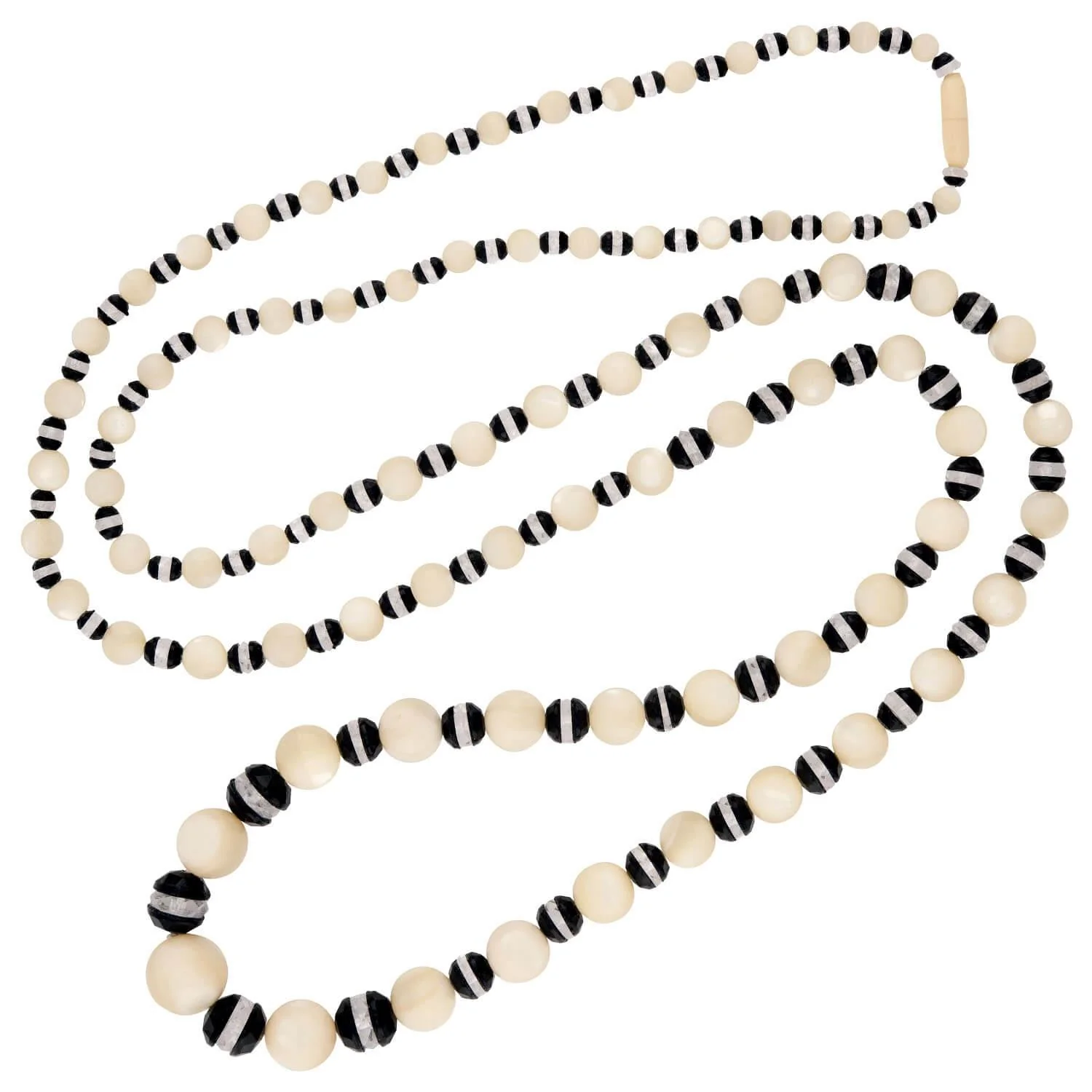 Art Deco Mother of. Pearl, Onyx, & Rock Quartz Crystal Bead Necklace - Image 2