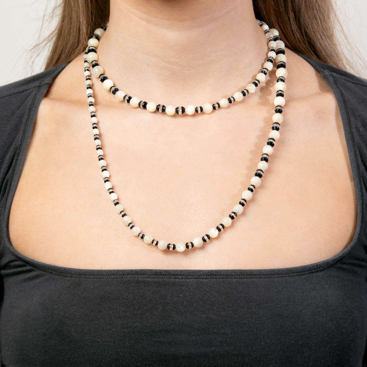 Art Deco Mother of. Pearl, Onyx, & Rock Quartz Crystal Bead Necklace - Image 5