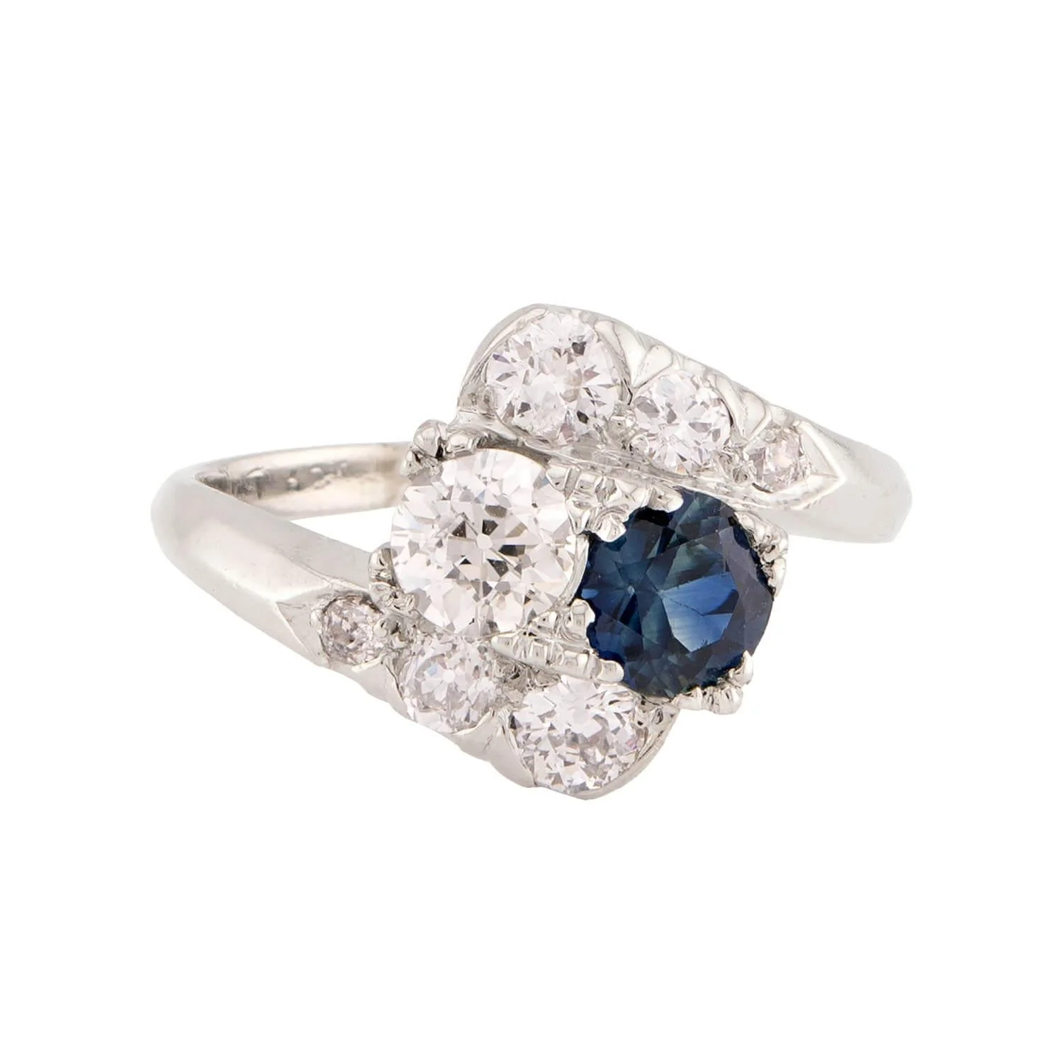 Art Deco Palladium Diamond & Sapphire Bypass Ring - Image 2