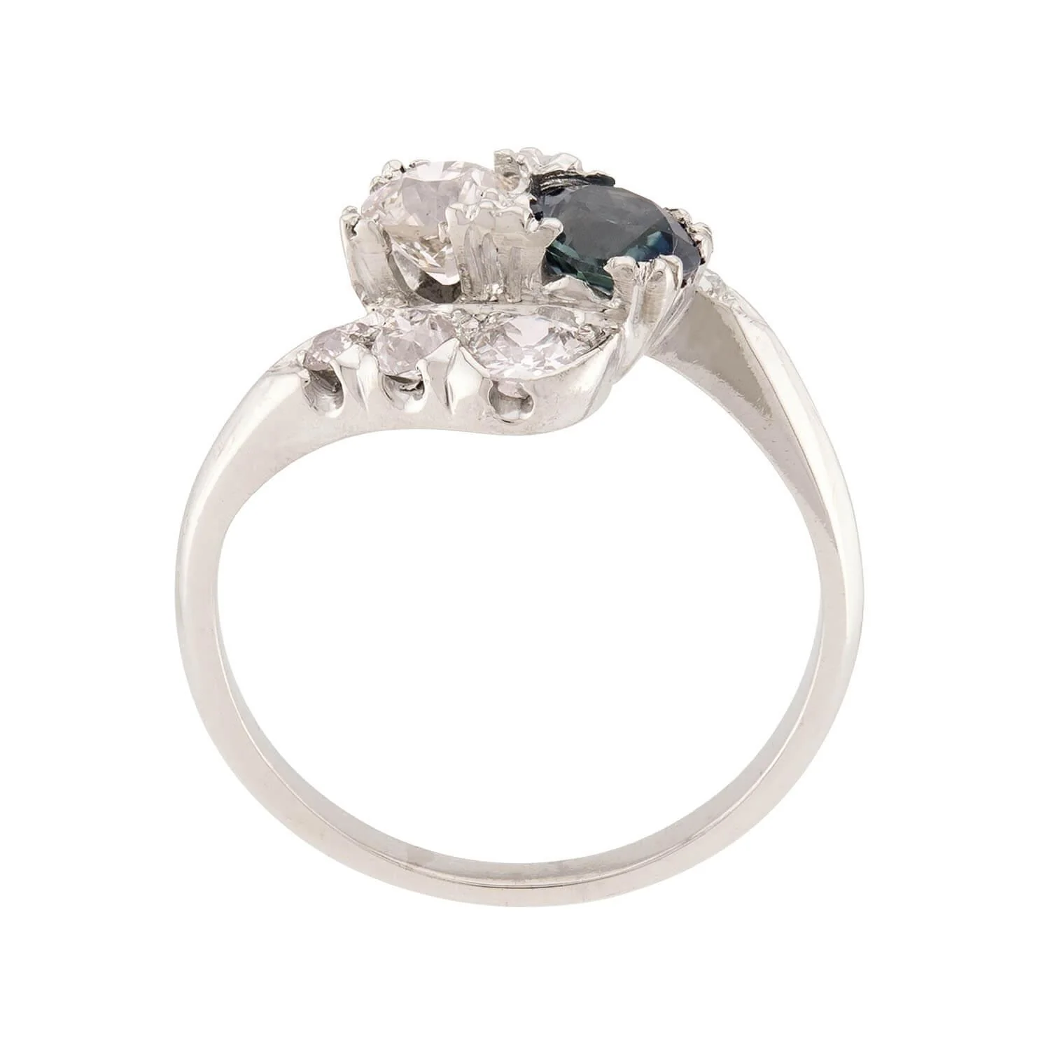 Art Deco Palladium Diamond & Sapphire Bypass Ring - Image 4