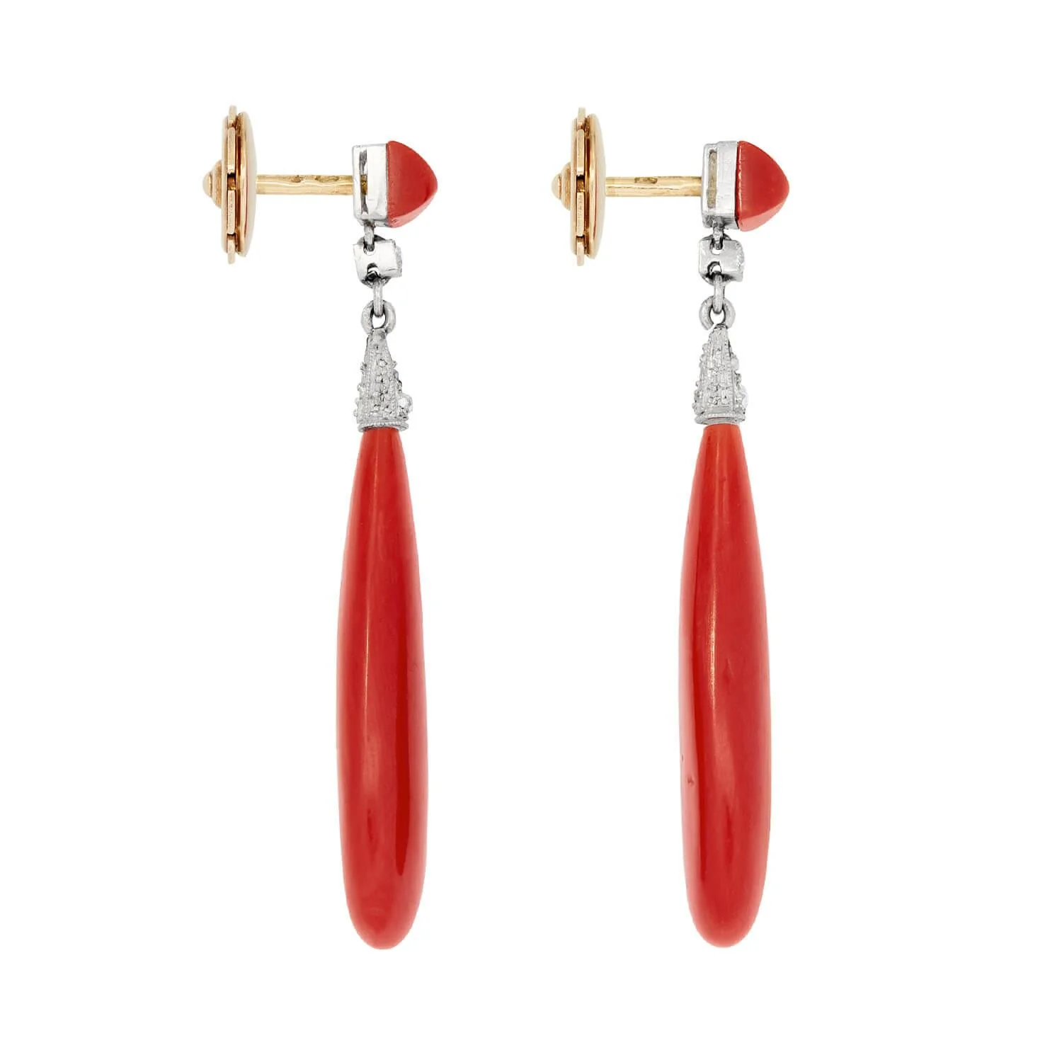 Art Deco Platinum and 18k Oxblood Coral and Diamond Drop Earring - Image 2