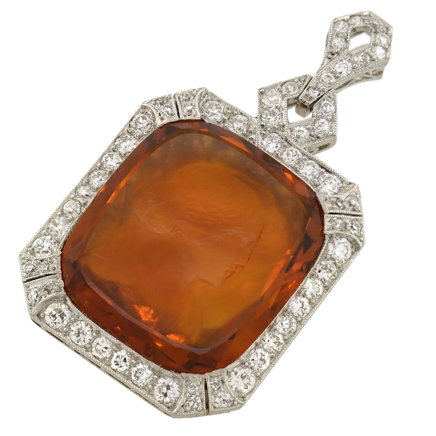 Art Deco Platinum Carved Citrine Cameo + Diamond Pendant - Image 2