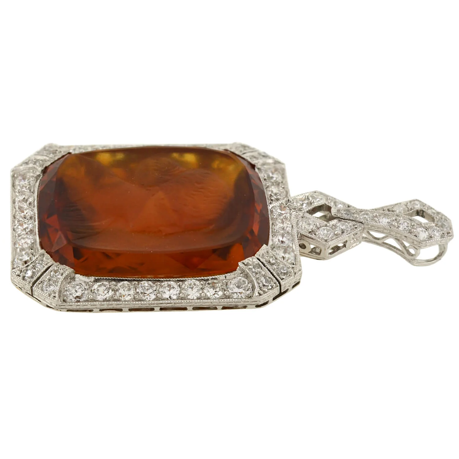 Art Deco Platinum Carved Citrine Cameo + Diamond Pendant - Image 3