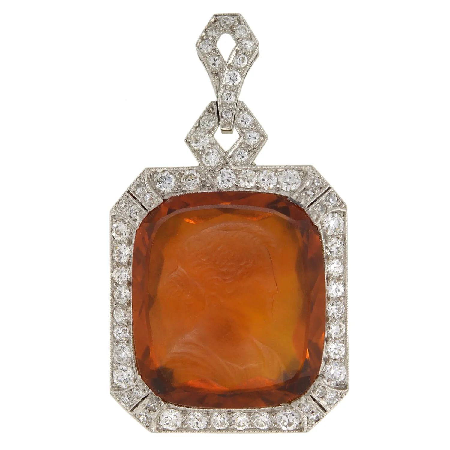 Art Deco Platinum Carved Citrine Cameo + Diamond Pendant - Image 5