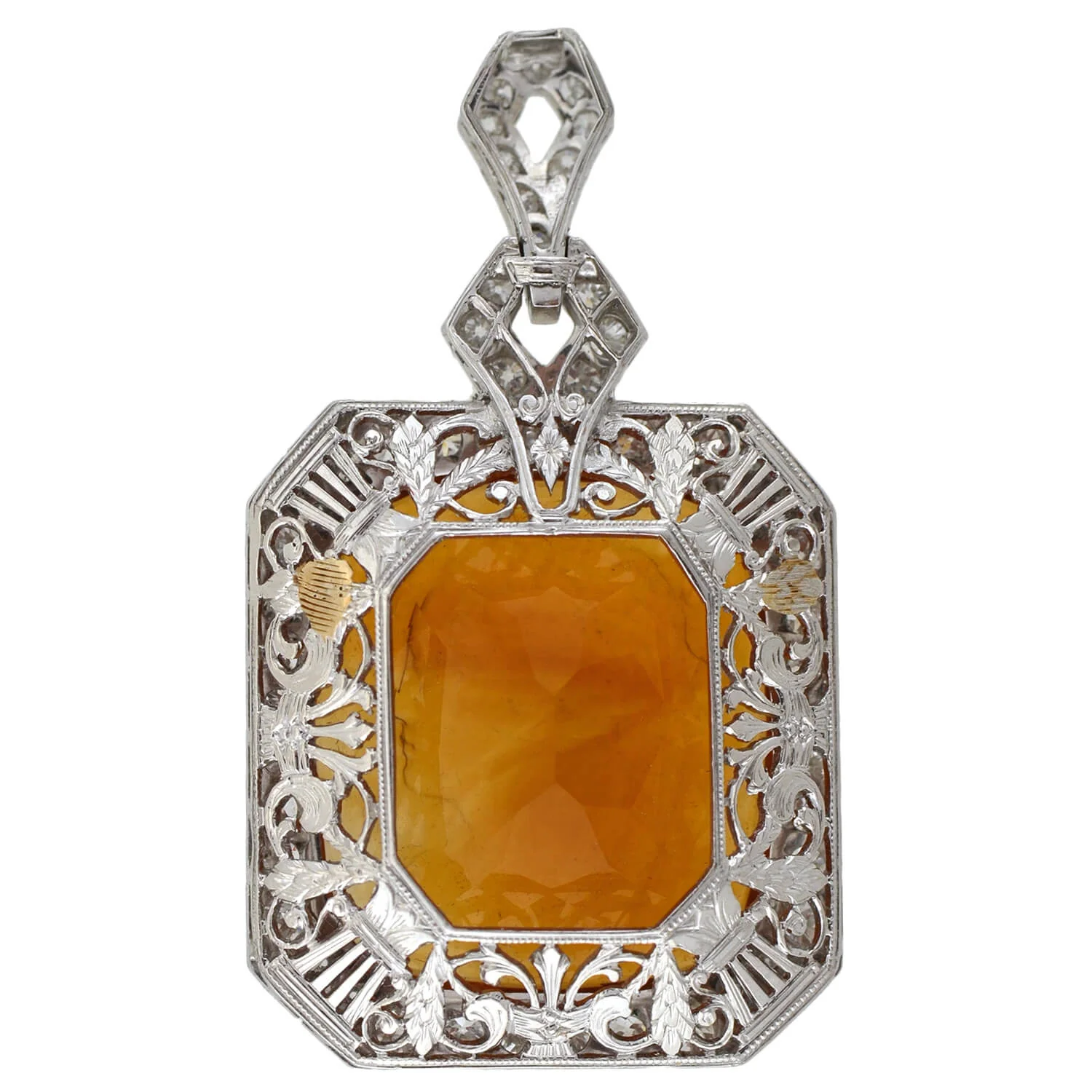 Art Deco Platinum Carved Citrine Cameo + Diamond Pendant - Image 6