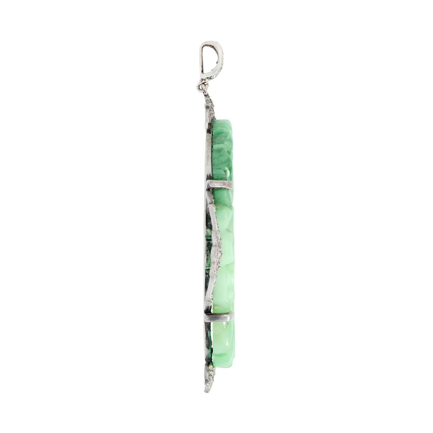 Art Deco Platinum Carved Jade and Diamond Plaque Pendant - Image 2