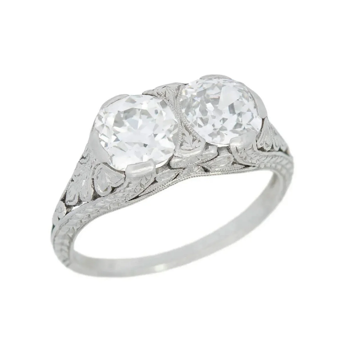 Art Deco Platinum Diamond 2 Stone Engagement Ring 2.20ctw