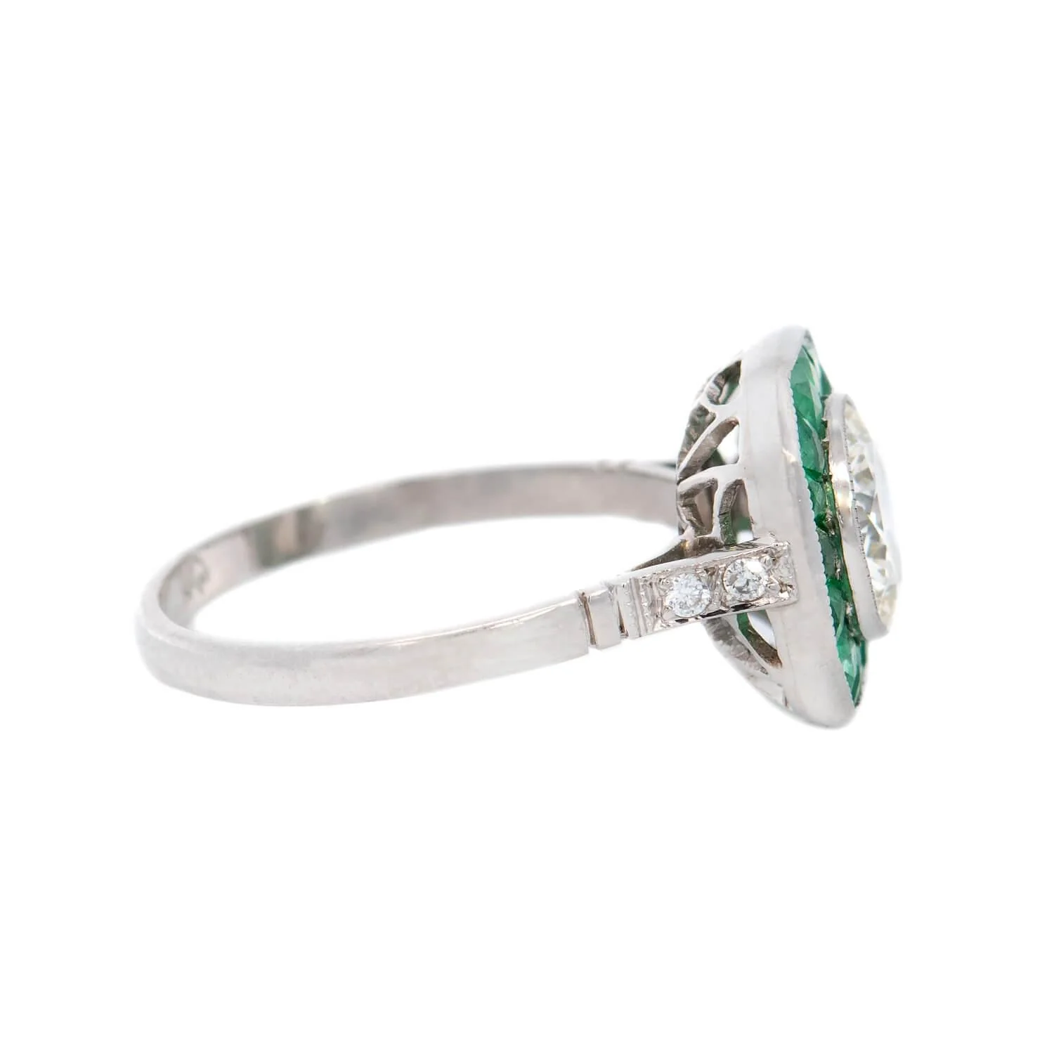 Art Deco Platinum Diamond and Emerald Halo Engagement Ring 1.50ct - Image 3