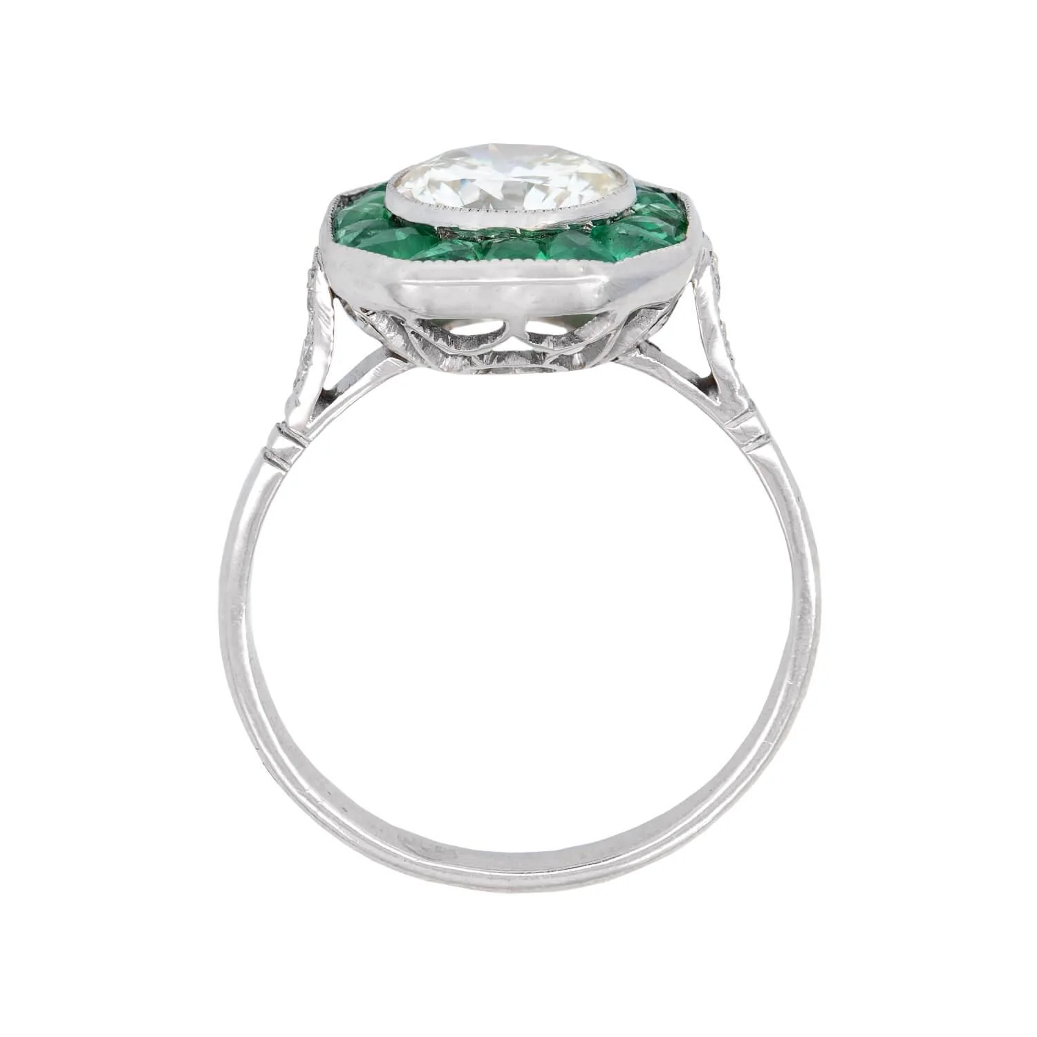 Art Deco Platinum Diamond and Emerald Halo Engagement Ring 1.50ct - Image 4