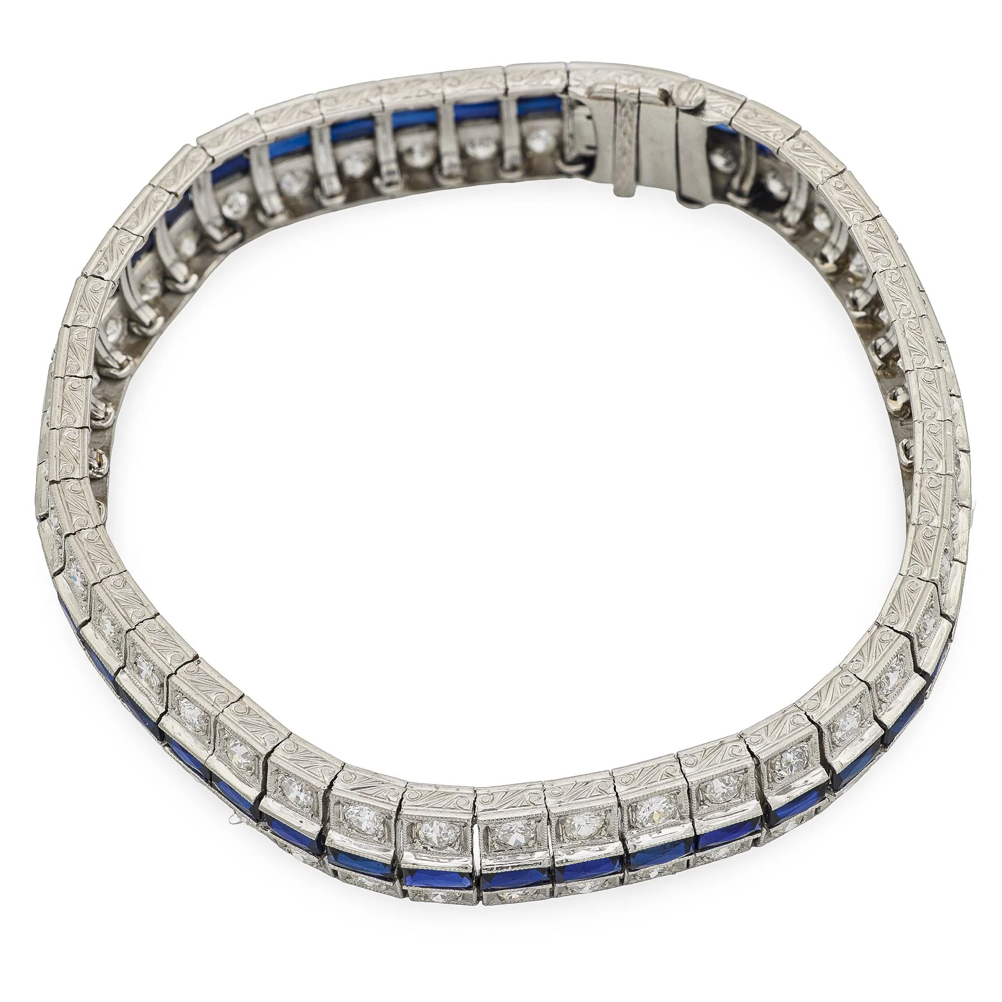 Art Deco Platinum Diamond and Sapphire Line Bracelet - Image 2