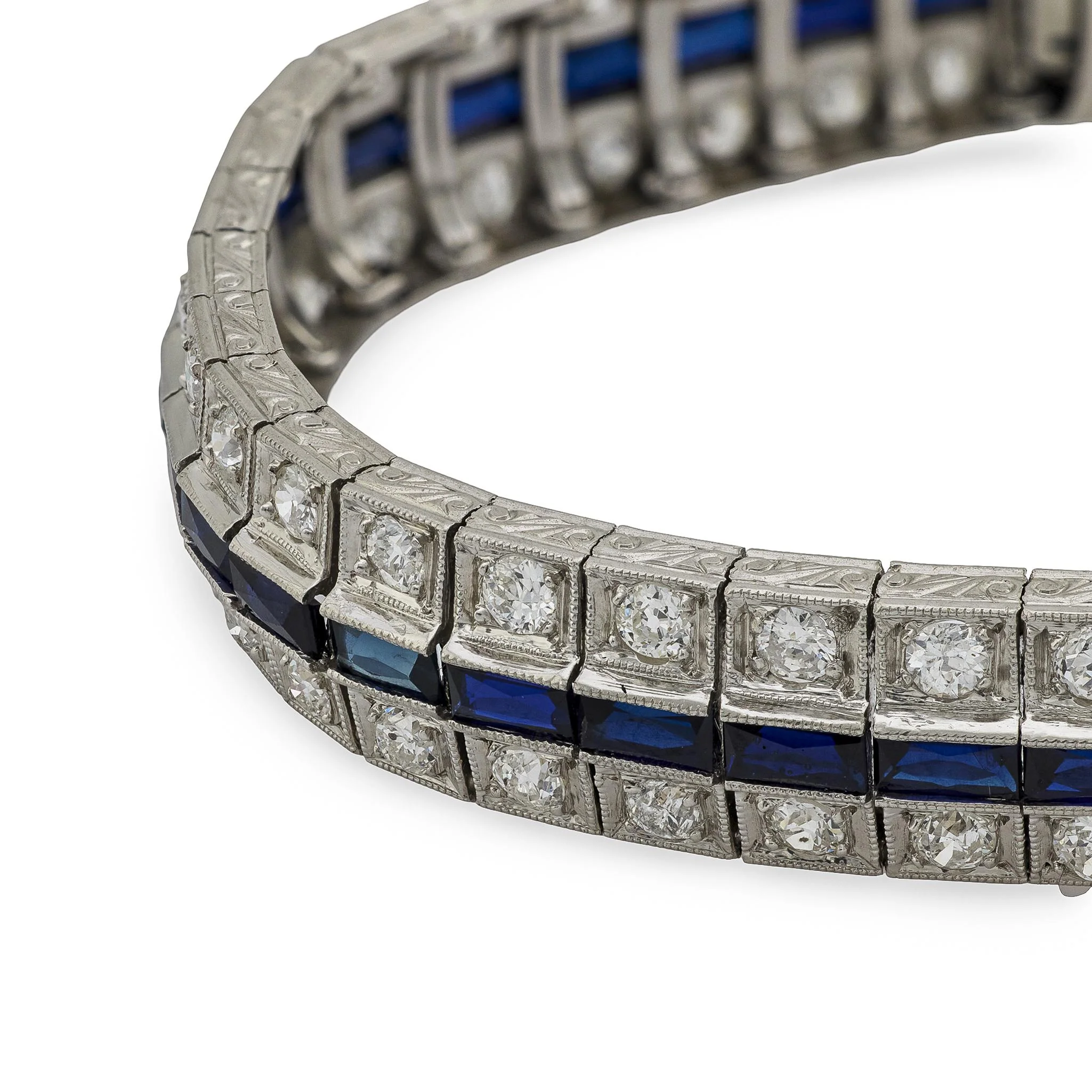 Art Deco Platinum Diamond and Sapphire Line Bracelet - Image 3