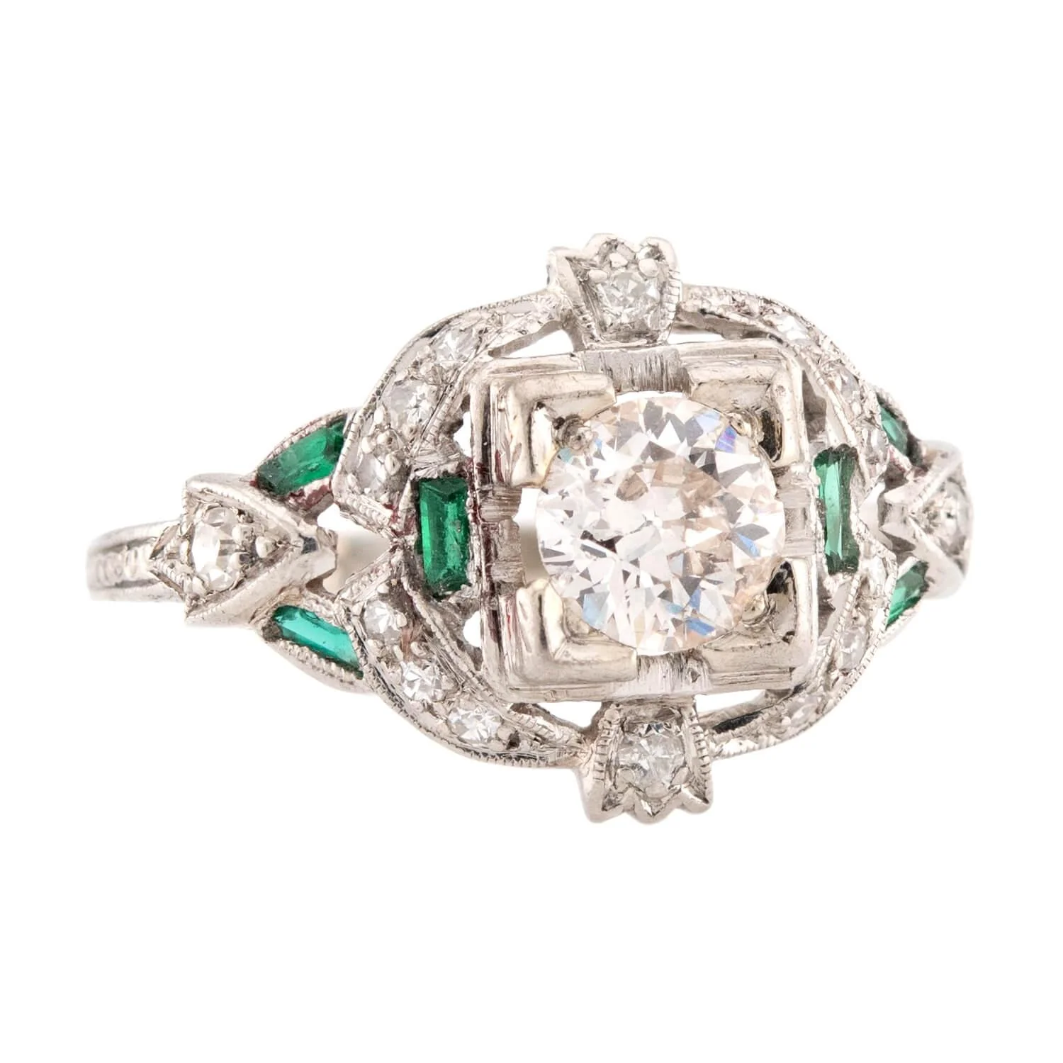 Art Deco Platinum Diamond & Emerald Engagement Ring .80ct - Image 2
