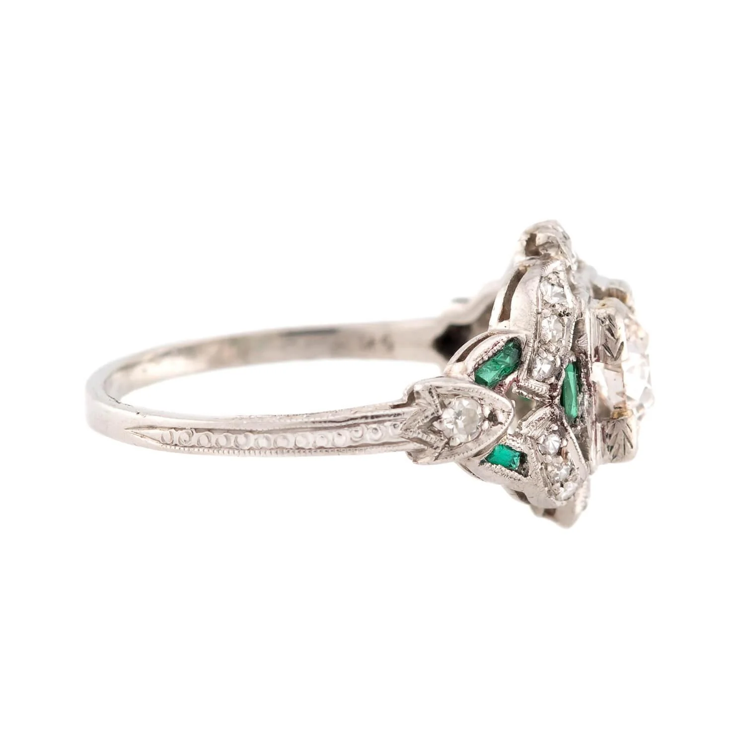 Art Deco Platinum Diamond & Emerald Engagement Ring .80ct - Image 3