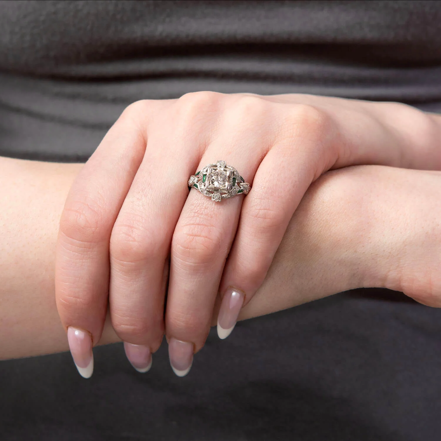 Art Deco Platinum Diamond & Emerald Engagement Ring .80ct - Image 6