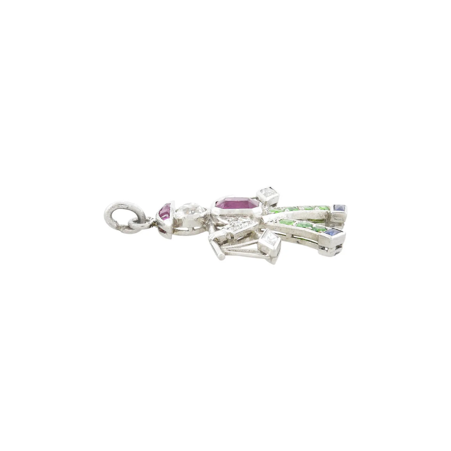 Art Deco Platinum Diamond Emerald Ruby + Sapphire Water Carrier Pendant - Image 2