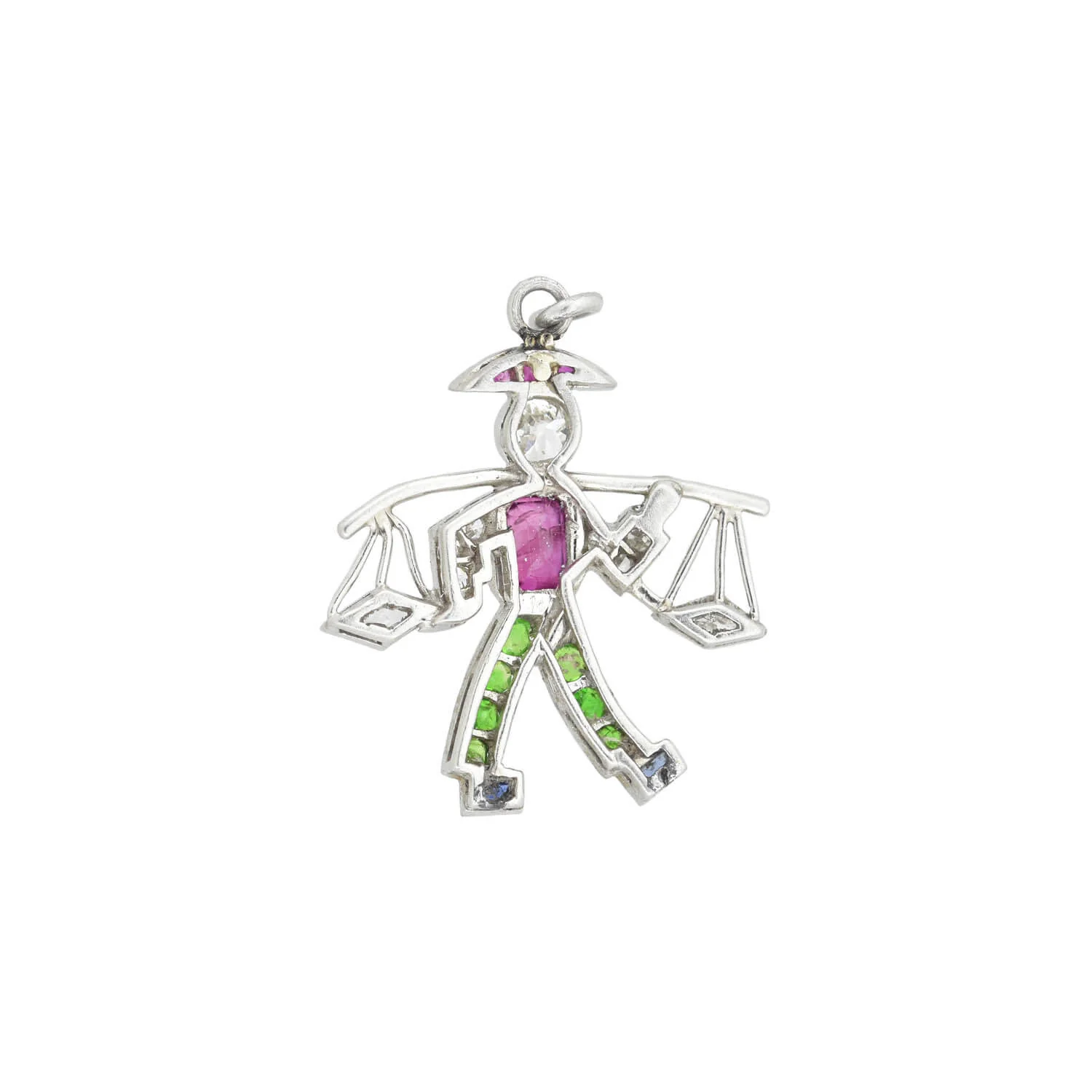 Art Deco Platinum Diamond Emerald Ruby + Sapphire Water Carrier Pendant - Image 3