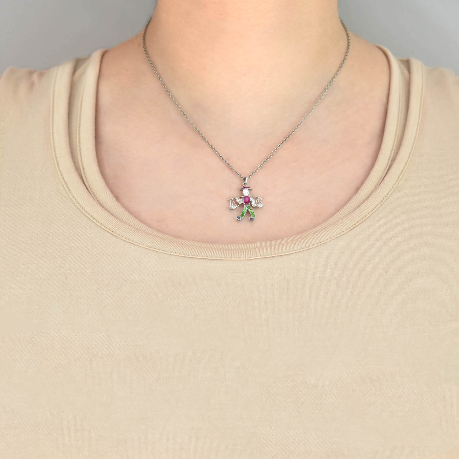 Art Deco Platinum Diamond Emerald Ruby + Sapphire Water Carrier Pendant - Image 4