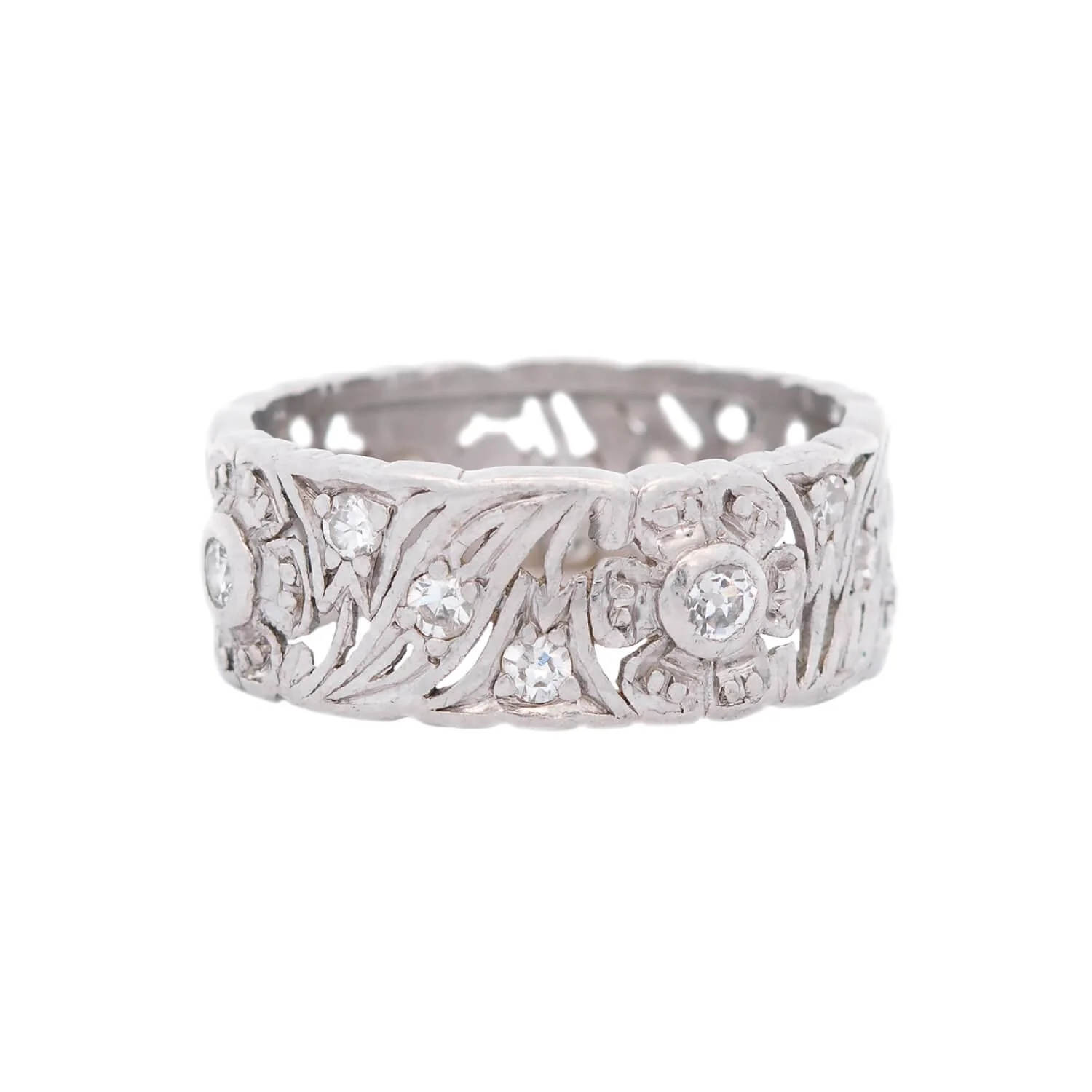 Art Deco Platinum Wide Diamond Flower Motif Band .80ctw - Image 3