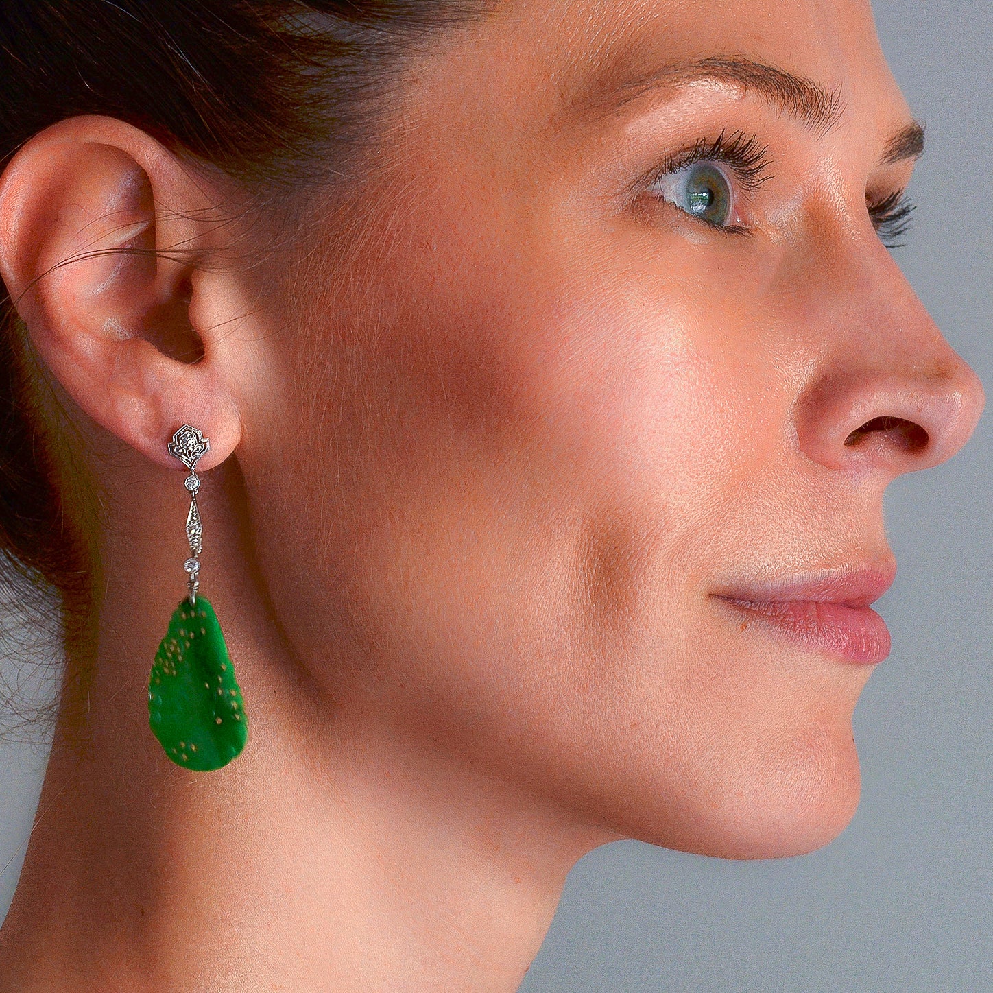 Art Deco Platinum Diamond, Jadeite, Onyx + Rock Crystal Convertible Earrings - Image 11