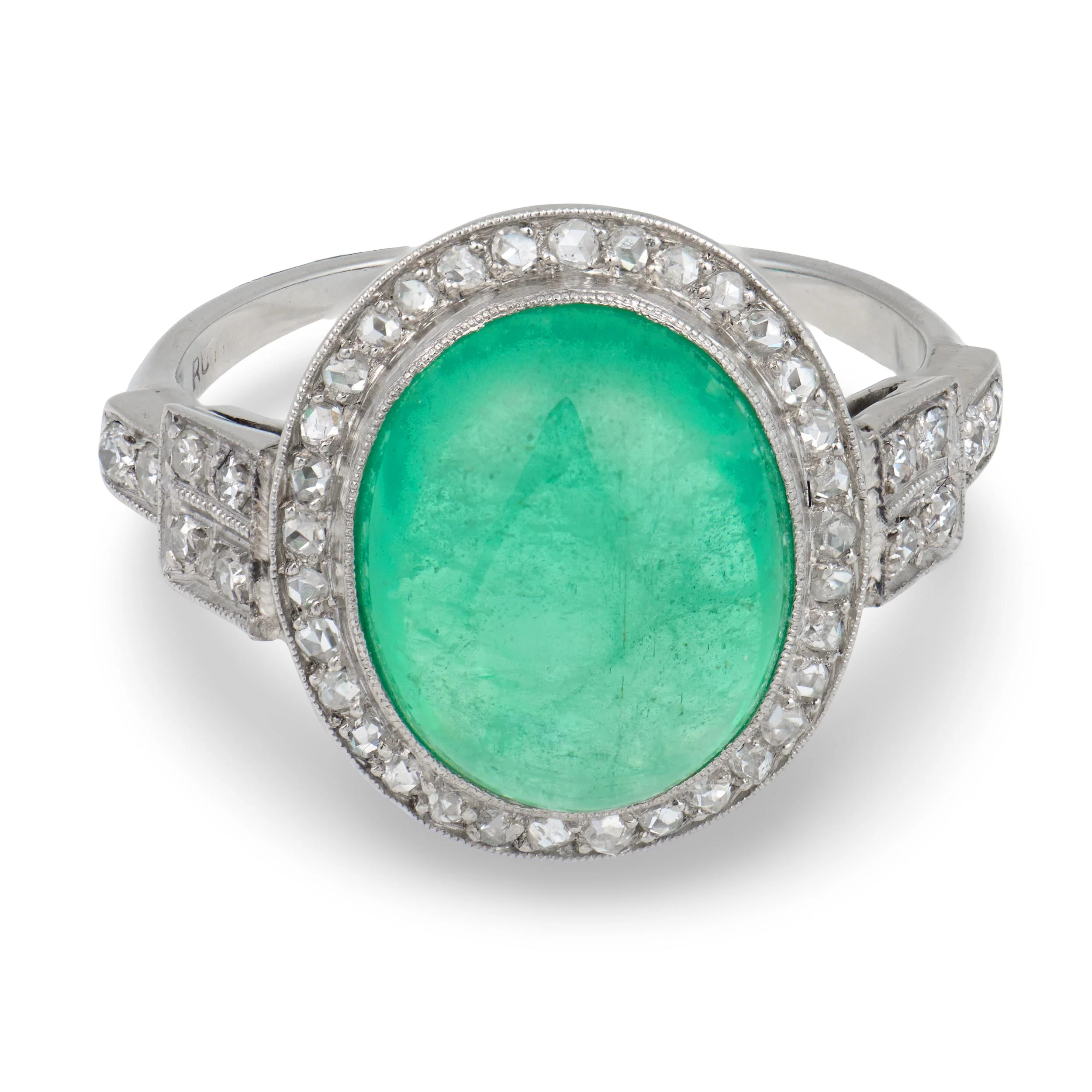 Art Deco Platinum Emerald & Diamond Halo Ring - Image 2