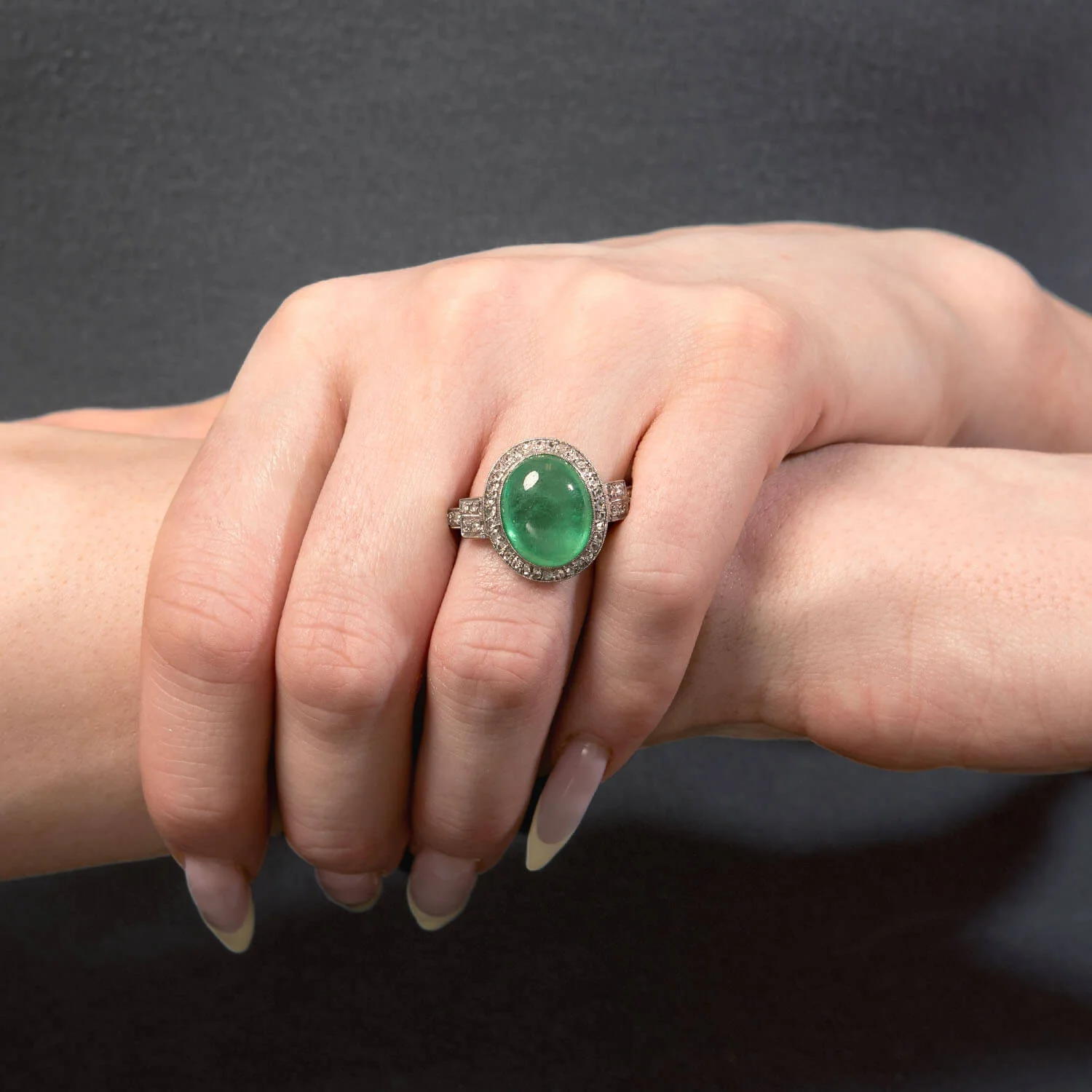 Art Deco Platinum Emerald & Diamond Halo Ring - Image 6