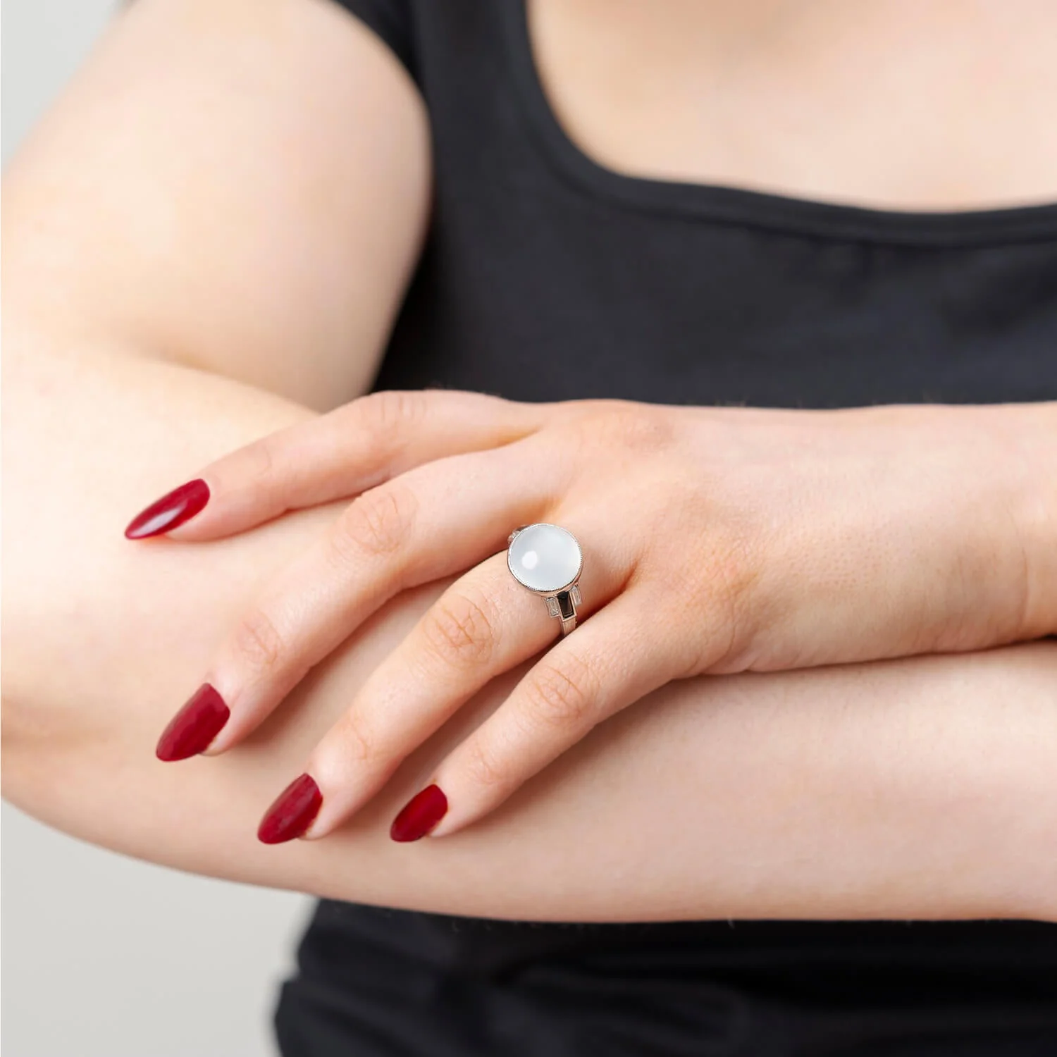 Art Deco Platinum Moonstone & Diamond Ring - Image 6