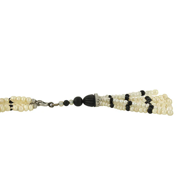 Art Deco Platinum, Natural Pearl & Enamel Bead Necklace w/ Tassel - Image 5