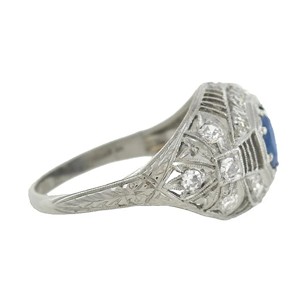 Art Deco Platinum Sapphire & Diamond Filigree Ring .91ct - Image 2