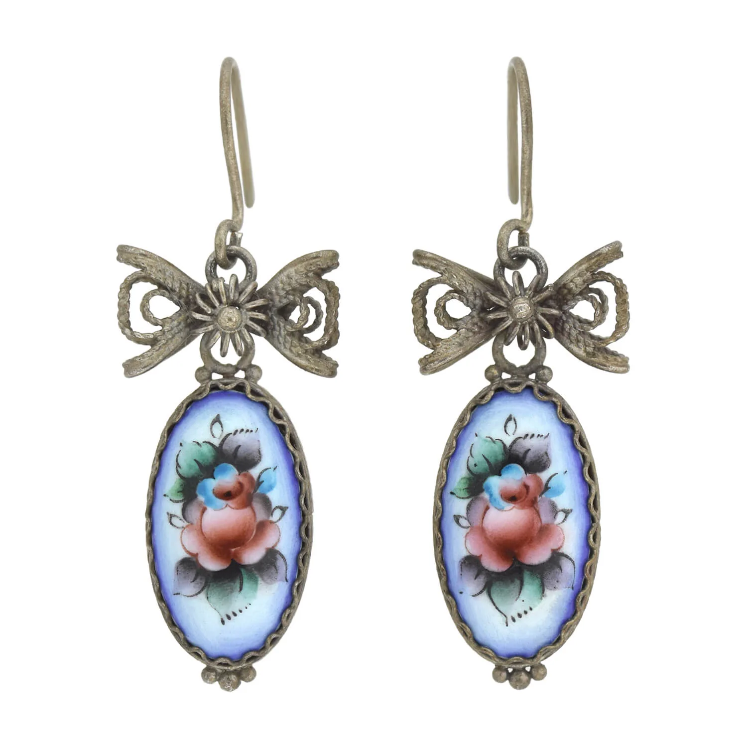 Art Deco Sterling Hand-Painted Porcelain Earrings + Pendant Set - Image 3