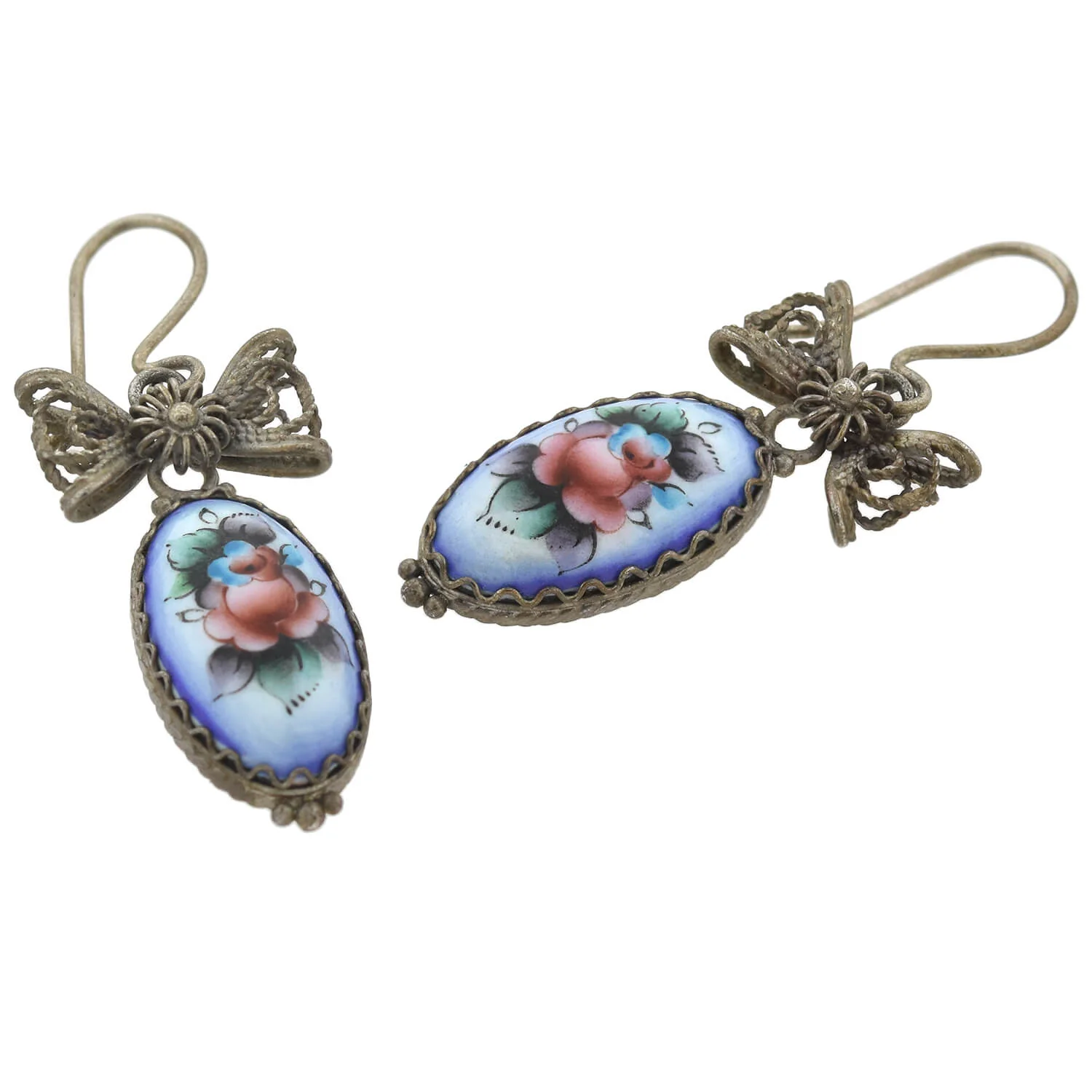 Art Deco Sterling Hand-Painted Porcelain Earrings + Pendant Set - Image 4
