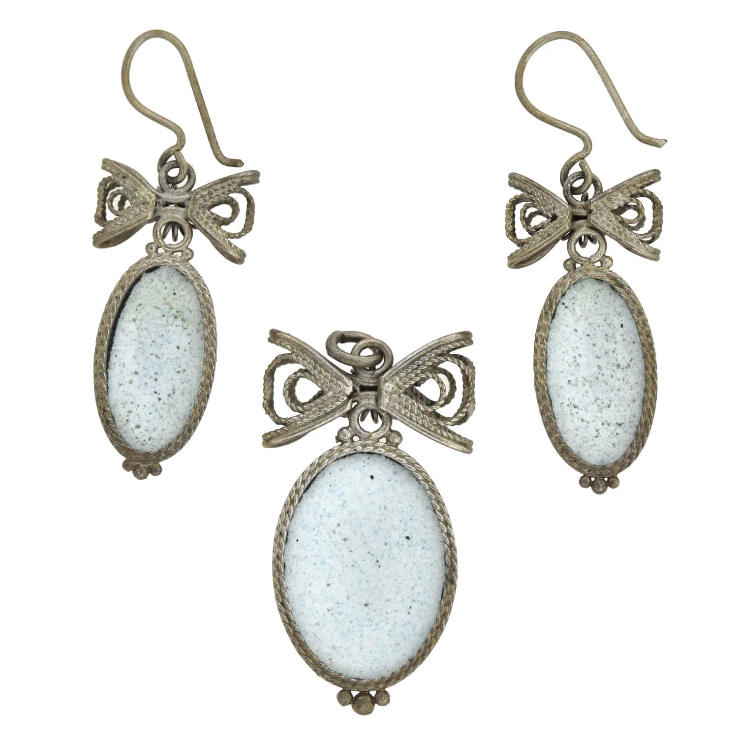Art Deco Sterling Hand-Painted Porcelain Earrings + Pendant Set - Image 6