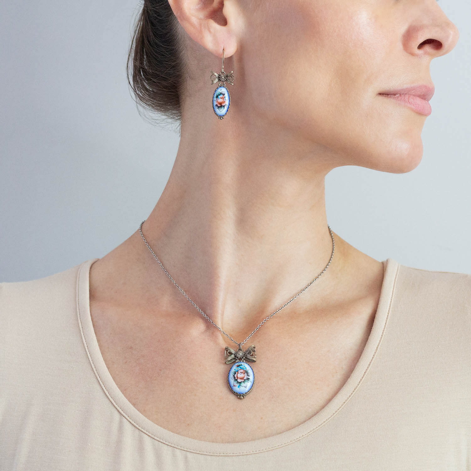 Art Deco Sterling Hand-Painted Porcelain Earrings + Pendant Set - Image 7