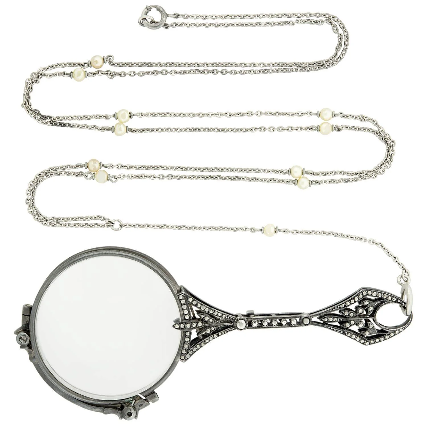 Art Deco Sterling Silver and Marcasite Lorgnette Folding Glasses