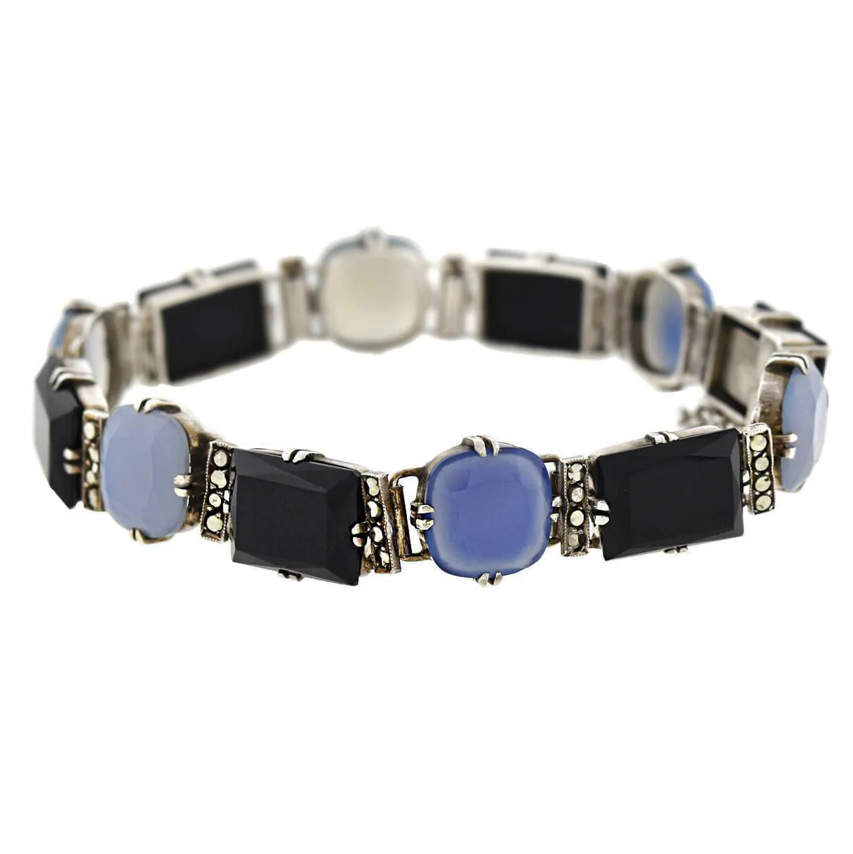 Art Deco Sterling Silver Chalcedony, Onyx + Marcasite Link Bracelet - Image 2