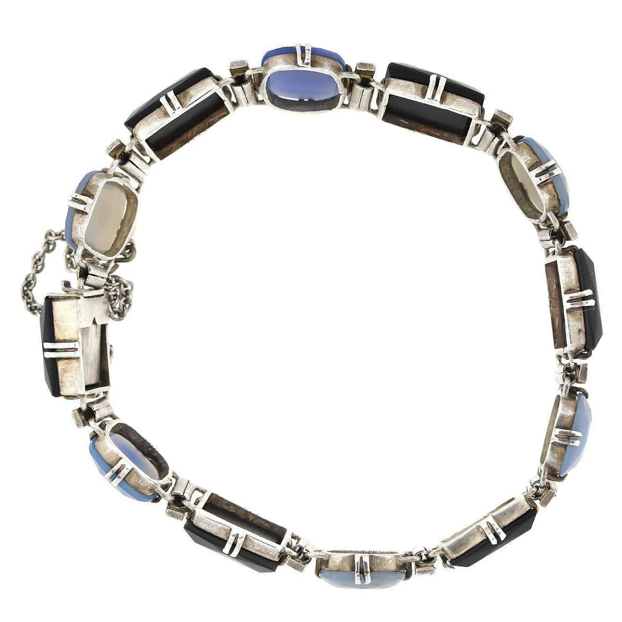 Art Deco Sterling Silver Chalcedony, Onyx + Marcasite Link Bracelet - Image 6